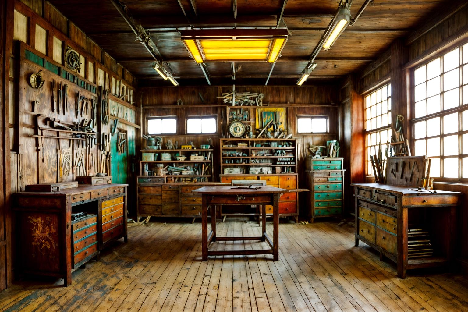 art deco-style (workshop interior) with wooden workbench and messy and tool wall and wooden workbench. . with abstract patterns and glamour and bright and cheerful colors and rich colors and stream-lined forms and bold geometry and symmetrical designs and smooth lines. . cinematic photo, highly detailed, cinematic lighting, ultra-detailed, ultrarealistic, photorealism, 8k. art deco interior design style. masterpiece, cinematic light, ultrarealistic+, photorealistic+, 8k, raw photo, realistic, sharp focus on eyes, (symmetrical eyes), (intact eyes), hyperrealistic, highest quality, best quality, , highly detailed, masterpiece, best quality, extremely detailed 8k wallpaper, masterpiece, best quality, ultra-detailed, best shadow, detailed background, detailed face, detailed eyes, high contrast, best illumination, detailed face, dulux, caustic, dynamic angle, detailed glow. dramatic lighting. highly detailed, insanely detailed hair, symmetrical, intricate details, professionally retouched, 8k high definition. strong bokeh. award winning photo.