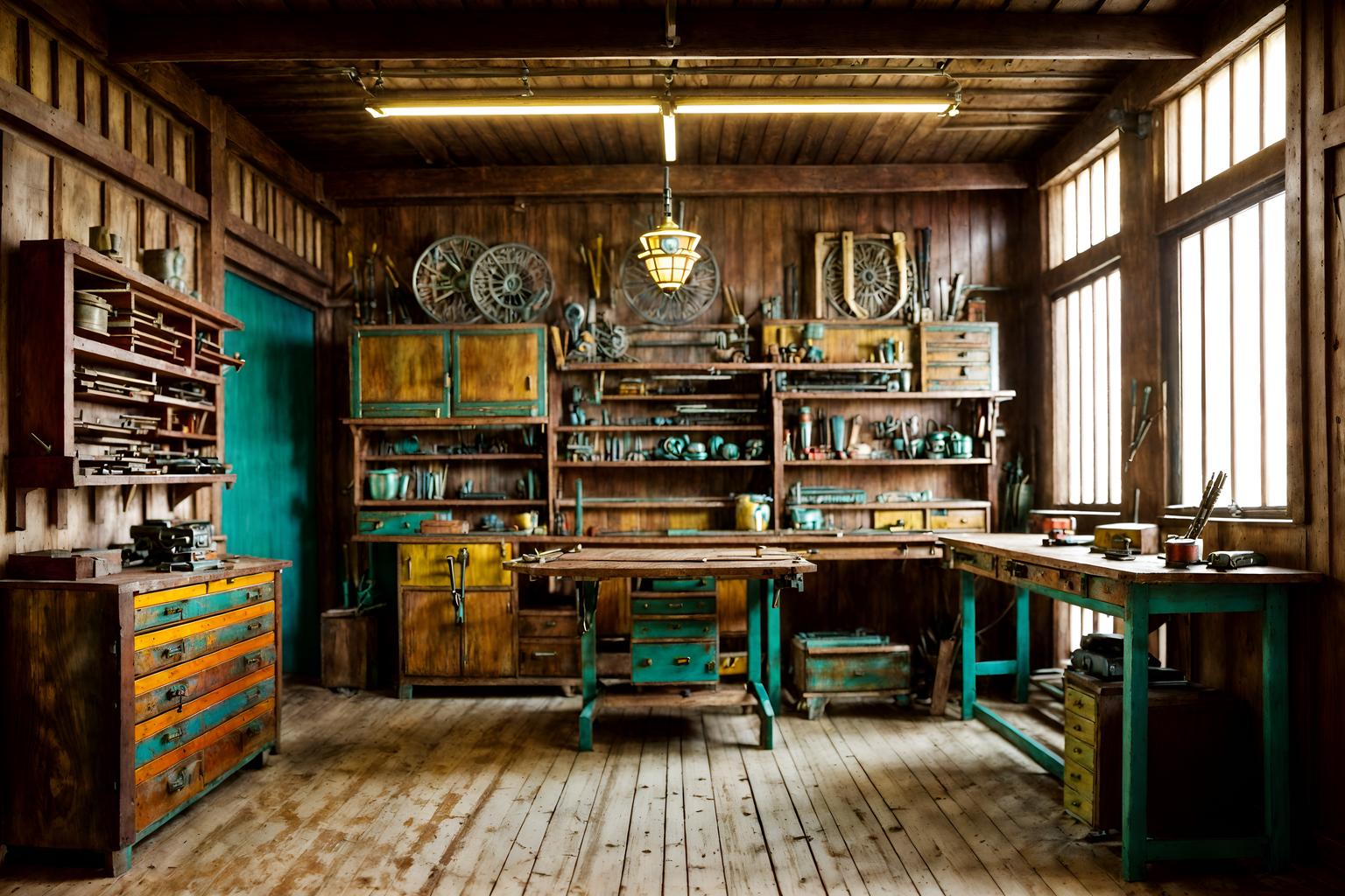 art deco-style (workshop interior) with wooden workbench and messy and tool wall and wooden workbench. . with abstract patterns and glamour and bright and cheerful colors and rich colors and stream-lined forms and bold geometry and symmetrical designs and smooth lines. . cinematic photo, highly detailed, cinematic lighting, ultra-detailed, ultrarealistic, photorealism, 8k. art deco interior design style. masterpiece, cinematic light, ultrarealistic+, photorealistic+, 8k, raw photo, realistic, sharp focus on eyes, (symmetrical eyes), (intact eyes), hyperrealistic, highest quality, best quality, , highly detailed, masterpiece, best quality, extremely detailed 8k wallpaper, masterpiece, best quality, ultra-detailed, best shadow, detailed background, detailed face, detailed eyes, high contrast, best illumination, detailed face, dulux, caustic, dynamic angle, detailed glow. dramatic lighting. highly detailed, insanely detailed hair, symmetrical, intricate details, professionally retouched, 8k high definition. strong bokeh. award winning photo.