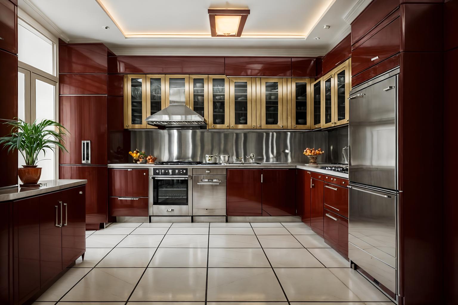 art deco-style (kitchen interior) with stove and plant and worktops and kitchen cabinets and refrigerator and sink and stove. . with angular shapes and luxury and smooth lines and geometric lines and geometric shapes and stream-lined forms and glamour and symmetrical designs. . cinematic photo, highly detailed, cinematic lighting, ultra-detailed, ultrarealistic, photorealism, 8k. art deco interior design style. masterpiece, cinematic light, ultrarealistic+, photorealistic+, 8k, raw photo, realistic, sharp focus on eyes, (symmetrical eyes), (intact eyes), hyperrealistic, highest quality, best quality, , highly detailed, masterpiece, best quality, extremely detailed 8k wallpaper, masterpiece, best quality, ultra-detailed, best shadow, detailed background, detailed face, detailed eyes, high contrast, best illumination, detailed face, dulux, caustic, dynamic angle, detailed glow. dramatic lighting. highly detailed, insanely detailed hair, symmetrical, intricate details, professionally retouched, 8k high definition. strong bokeh. award winning photo.