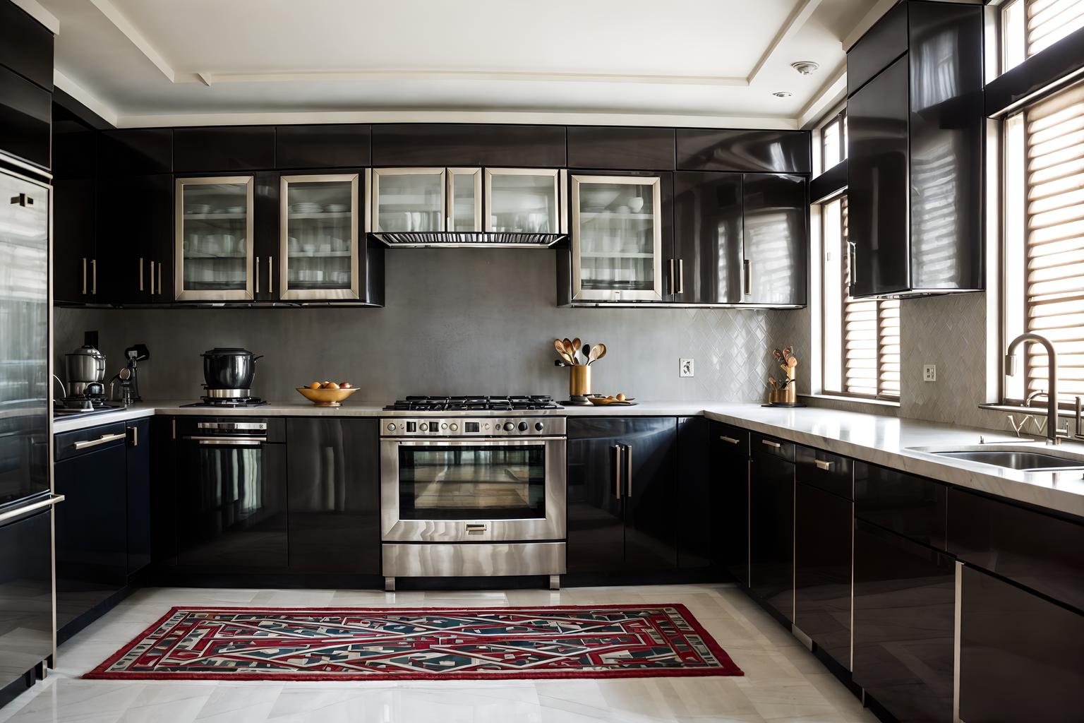 art deco-style (kitchen living combo interior) with sink and televisions and furniture and rug and worktops and stove and kitchen cabinets and chairs. . with bold geometry and angular shapes and geometric shapes and smooth lines and geometric lines and symmetrical designs and abstract patterns and glamour. . cinematic photo, highly detailed, cinematic lighting, ultra-detailed, ultrarealistic, photorealism, 8k. art deco interior design style. masterpiece, cinematic light, ultrarealistic+, photorealistic+, 8k, raw photo, realistic, sharp focus on eyes, (symmetrical eyes), (intact eyes), hyperrealistic, highest quality, best quality, , highly detailed, masterpiece, best quality, extremely detailed 8k wallpaper, masterpiece, best quality, ultra-detailed, best shadow, detailed background, detailed face, detailed eyes, high contrast, best illumination, detailed face, dulux, caustic, dynamic angle, detailed glow. dramatic lighting. highly detailed, insanely detailed hair, symmetrical, intricate details, professionally retouched, 8k high definition. strong bokeh. award winning photo.