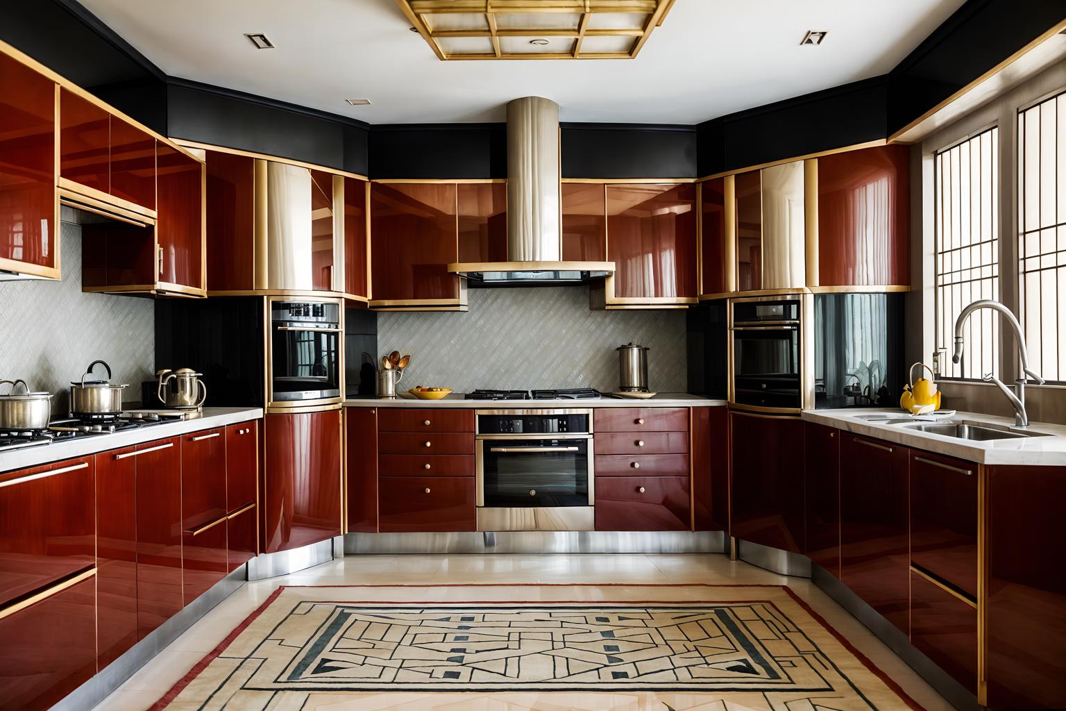 art deco-style (kitchen living combo interior) with sink and televisions and furniture and rug and worktops and stove and kitchen cabinets and chairs. . with bold geometry and angular shapes and geometric shapes and smooth lines and geometric lines and symmetrical designs and abstract patterns and glamour. . cinematic photo, highly detailed, cinematic lighting, ultra-detailed, ultrarealistic, photorealism, 8k. art deco interior design style. masterpiece, cinematic light, ultrarealistic+, photorealistic+, 8k, raw photo, realistic, sharp focus on eyes, (symmetrical eyes), (intact eyes), hyperrealistic, highest quality, best quality, , highly detailed, masterpiece, best quality, extremely detailed 8k wallpaper, masterpiece, best quality, ultra-detailed, best shadow, detailed background, detailed face, detailed eyes, high contrast, best illumination, detailed face, dulux, caustic, dynamic angle, detailed glow. dramatic lighting. highly detailed, insanely detailed hair, symmetrical, intricate details, professionally retouched, 8k high definition. strong bokeh. award winning photo.