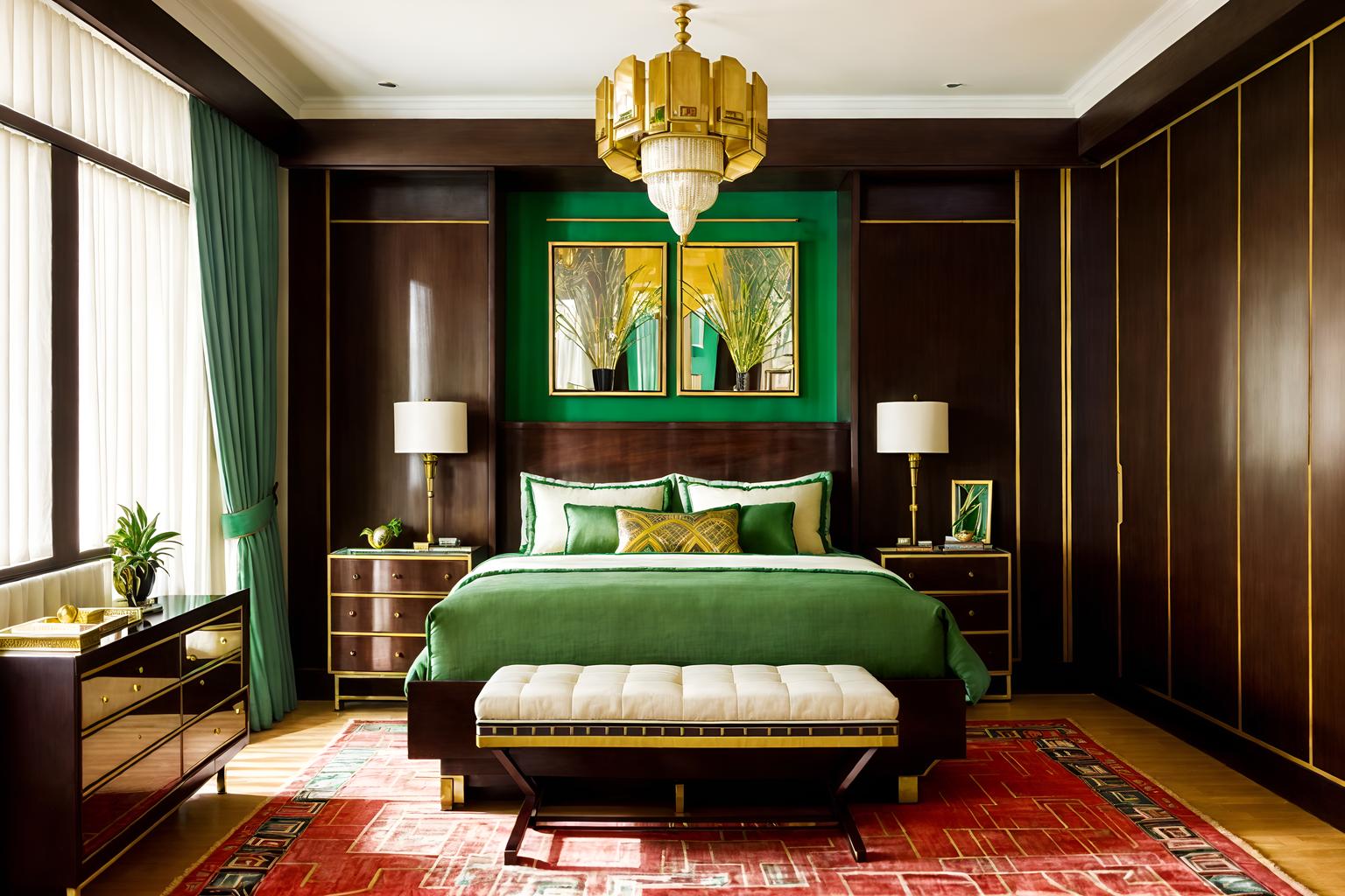 Art Deco-style Bedroom Interior With Plant And Dresser Closet And ...