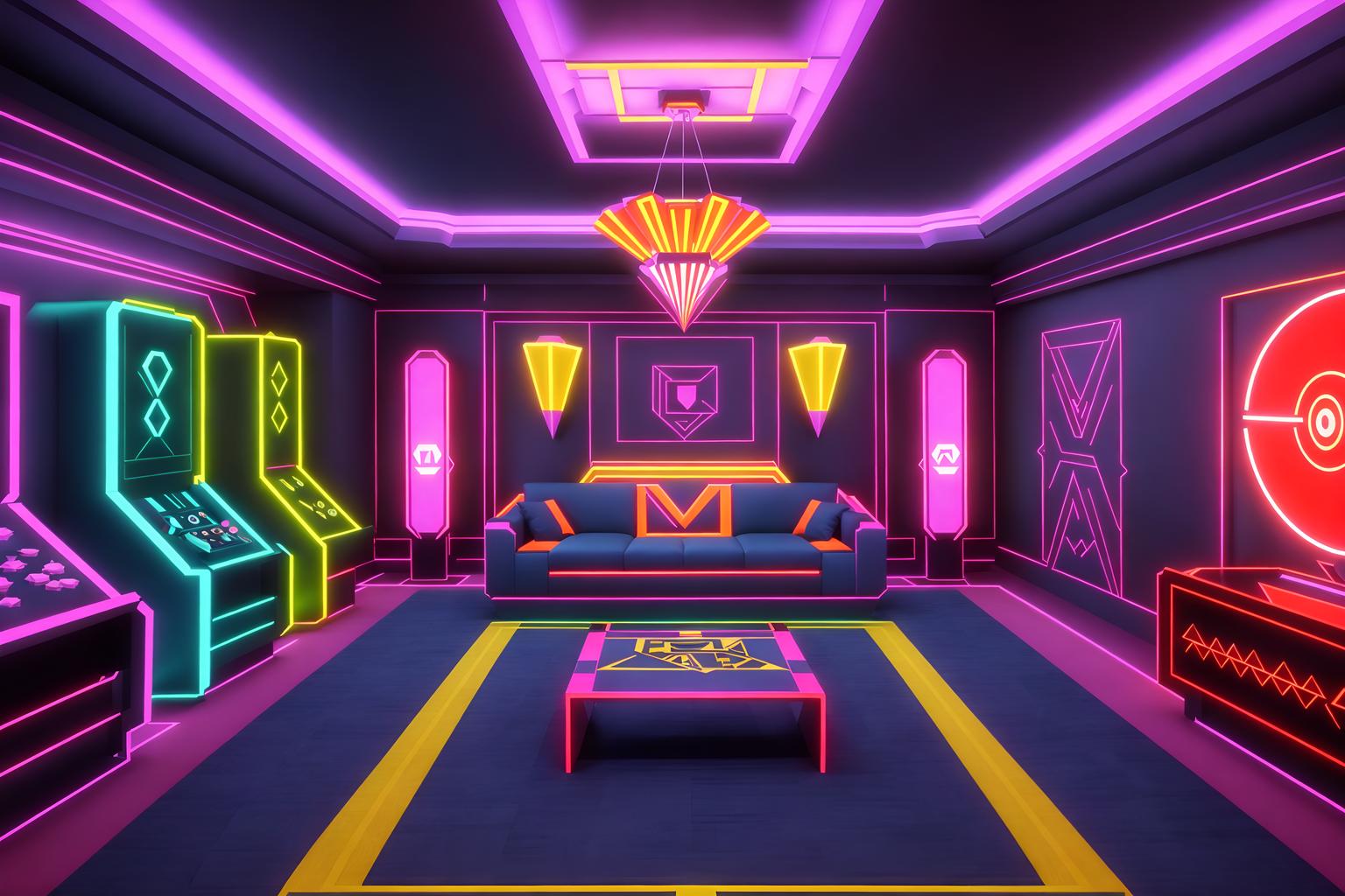 art deco-style (gaming room interior) . with geometric shapes and angular shapes and exuberant shapes and bright and cheerful colors and bold geometry and abstract patterns and glamour and geometric lines. . cinematic photo, highly detailed, cinematic lighting, ultra-detailed, ultrarealistic, photorealism, 8k. art deco interior design style. masterpiece, cinematic light, ultrarealistic+, photorealistic+, 8k, raw photo, realistic, sharp focus on eyes, (symmetrical eyes), (intact eyes), hyperrealistic, highest quality, best quality, , highly detailed, masterpiece, best quality, extremely detailed 8k wallpaper, masterpiece, best quality, ultra-detailed, best shadow, detailed background, detailed face, detailed eyes, high contrast, best illumination, detailed face, dulux, caustic, dynamic angle, detailed glow. dramatic lighting. highly detailed, insanely detailed hair, symmetrical, intricate details, professionally retouched, 8k high definition. strong bokeh. award winning photo.