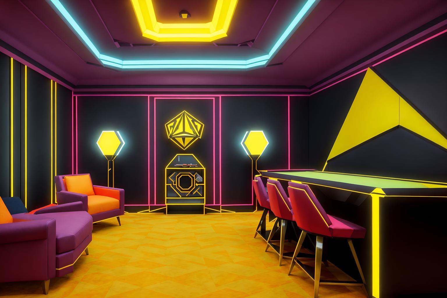 art deco-style (gaming room interior) . with geometric shapes and angular shapes and exuberant shapes and bright and cheerful colors and bold geometry and abstract patterns and glamour and geometric lines. . cinematic photo, highly detailed, cinematic lighting, ultra-detailed, ultrarealistic, photorealism, 8k. art deco interior design style. masterpiece, cinematic light, ultrarealistic+, photorealistic+, 8k, raw photo, realistic, sharp focus on eyes, (symmetrical eyes), (intact eyes), hyperrealistic, highest quality, best quality, , highly detailed, masterpiece, best quality, extremely detailed 8k wallpaper, masterpiece, best quality, ultra-detailed, best shadow, detailed background, detailed face, detailed eyes, high contrast, best illumination, detailed face, dulux, caustic, dynamic angle, detailed glow. dramatic lighting. highly detailed, insanely detailed hair, symmetrical, intricate details, professionally retouched, 8k high definition. strong bokeh. award winning photo.