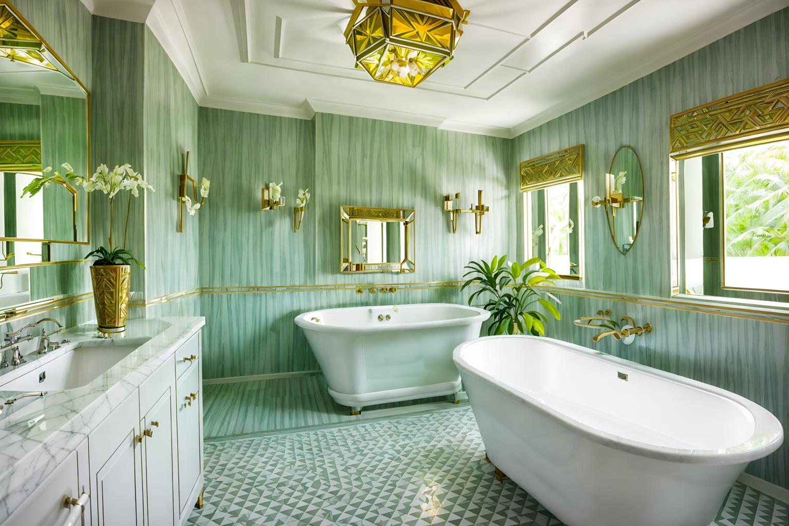 art deco-style (bathroom interior) with shower and waste basket and plant and mirror and bathtub and bathroom sink with faucet and bath rail and bathroom cabinet. . with symmetrical designs and angular shapes and bright and cheerful colors and glamour and geometric shapes and bold geometry and exuberant shapes and smooth lines. . cinematic photo, highly detailed, cinematic lighting, ultra-detailed, ultrarealistic, photorealism, 8k. art deco interior design style. masterpiece, cinematic light, ultrarealistic+, photorealistic+, 8k, raw photo, realistic, sharp focus on eyes, (symmetrical eyes), (intact eyes), hyperrealistic, highest quality, best quality, , highly detailed, masterpiece, best quality, extremely detailed 8k wallpaper, masterpiece, best quality, ultra-detailed, best shadow, detailed background, detailed face, detailed eyes, high contrast, best illumination, detailed face, dulux, caustic, dynamic angle, detailed glow. dramatic lighting. highly detailed, insanely detailed hair, symmetrical, intricate details, professionally retouched, 8k high definition. strong bokeh. award winning photo.