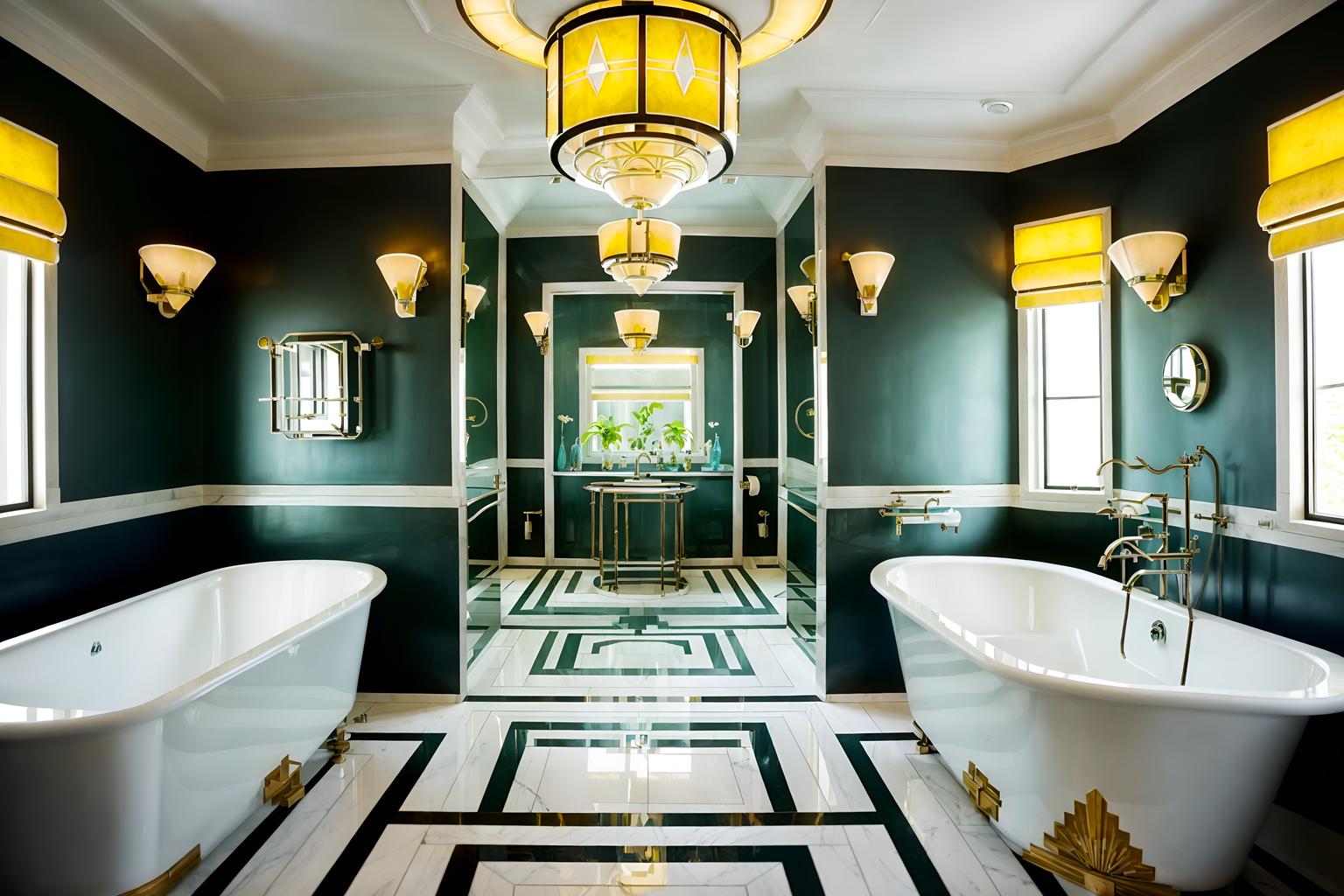 art deco-style (bathroom interior) with shower and waste basket and plant and mirror and bathtub and bathroom sink with faucet and bath rail and bathroom cabinet. . with symmetrical designs and angular shapes and bright and cheerful colors and glamour and geometric shapes and bold geometry and exuberant shapes and smooth lines. . cinematic photo, highly detailed, cinematic lighting, ultra-detailed, ultrarealistic, photorealism, 8k. art deco interior design style. masterpiece, cinematic light, ultrarealistic+, photorealistic+, 8k, raw photo, realistic, sharp focus on eyes, (symmetrical eyes), (intact eyes), hyperrealistic, highest quality, best quality, , highly detailed, masterpiece, best quality, extremely detailed 8k wallpaper, masterpiece, best quality, ultra-detailed, best shadow, detailed background, detailed face, detailed eyes, high contrast, best illumination, detailed face, dulux, caustic, dynamic angle, detailed glow. dramatic lighting. highly detailed, insanely detailed hair, symmetrical, intricate details, professionally retouched, 8k high definition. strong bokeh. award winning photo.