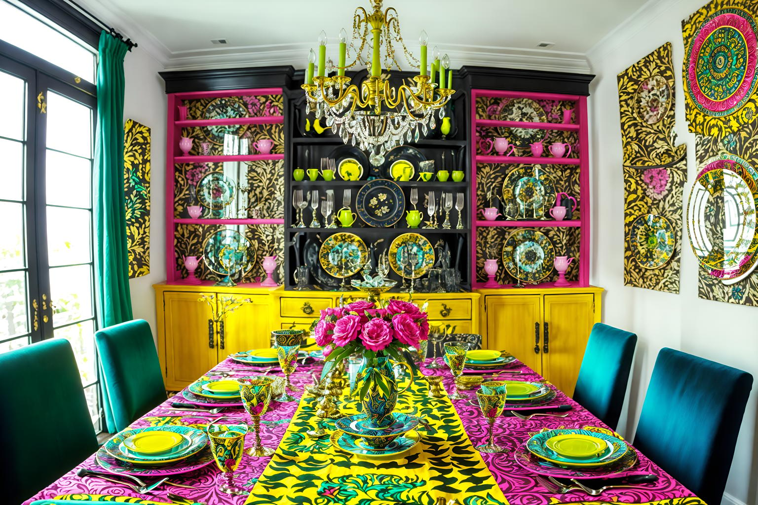 maximalist-style (dining room interior) with plates, cutlery and glasses on dining table and dining table and table cloth and painting or photo on wall and vase and dining table chairs and light or chandelier and bookshelves. . with more is more philosophy and bold colors and bold design and eye-catching and playful and vibrant and bold creativity and bold patterns. . cinematic photo, highly detailed, cinematic lighting, ultra-detailed, ultrarealistic, photorealism, 8k. maximalist interior design style. masterpiece, cinematic light, ultrarealistic+, photorealistic+, 8k, raw photo, realistic, sharp focus on eyes, (symmetrical eyes), (intact eyes), hyperrealistic, highest quality, best quality, , highly detailed, masterpiece, best quality, extremely detailed 8k wallpaper, masterpiece, best quality, ultra-detailed, best shadow, detailed background, detailed face, detailed eyes, high contrast, best illumination, detailed face, dulux, caustic, dynamic angle, detailed glow. dramatic lighting. highly detailed, insanely detailed hair, symmetrical, intricate details, professionally retouched, 8k high definition. strong bokeh. award winning photo.