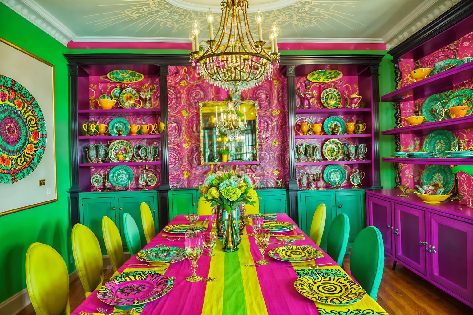maximalist-style (dining room interior) with plates, cutlery and glasses on dining table and dining table and table cloth and painting or photo on wall and vase and dining table chairs and light or chandelier and bookshelves. . with more is more philosophy and bold colors and bold design and eye-catching and playful and vibrant and bold creativity and bold patterns. . cinematic photo, highly detailed, cinematic lighting, ultra-detailed, ultrarealistic, photorealism, 8k. maximalist interior design style. masterpiece, cinematic light, ultrarealistic+, photorealistic+, 8k, raw photo, realistic, sharp focus on eyes, (symmetrical eyes), (intact eyes), hyperrealistic, highest quality, best quality, , highly detailed, masterpiece, best quality, extremely detailed 8k wallpaper, masterpiece, best quality, ultra-detailed, best shadow, detailed background, detailed face, detailed eyes, high contrast, best illumination, detailed face, dulux, caustic, dynamic angle, detailed glow. dramatic lighting. highly detailed, insanely detailed hair, symmetrical, intricate details, professionally retouched, 8k high definition. strong bokeh. award winning photo.
