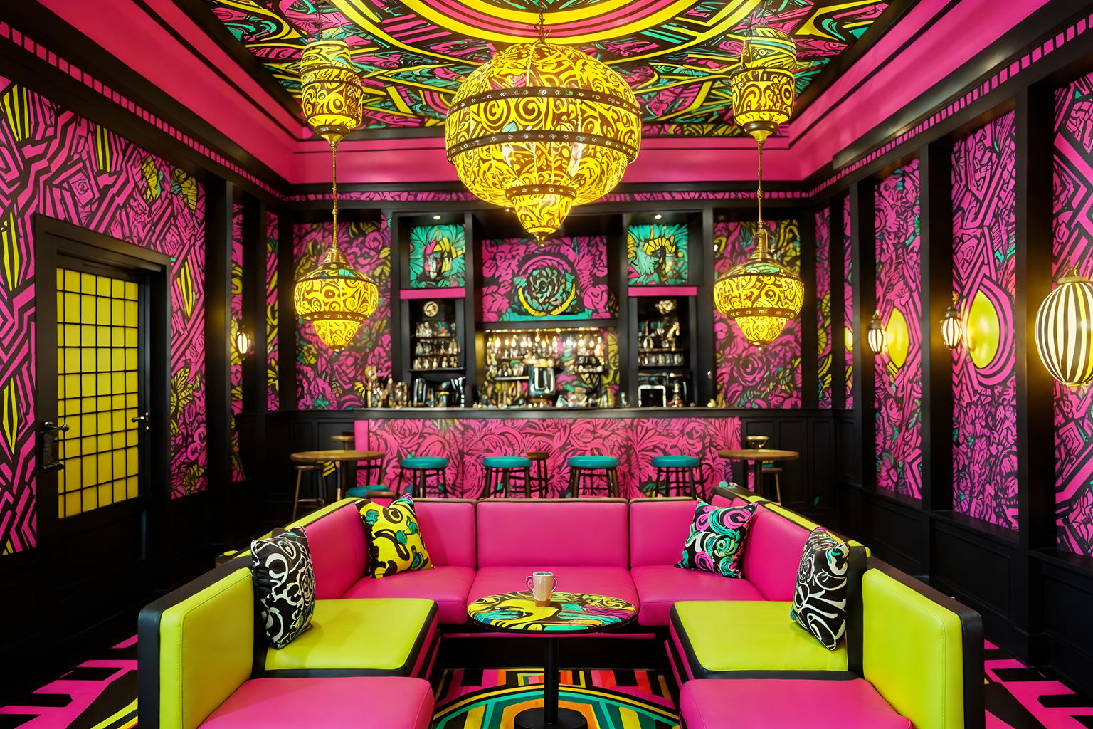 maximalist-style (coffee shop interior) . with playful and more is more philosophy and eye-catching and bold colors and bold patterns and bold design and vibrant and over-the-top aesthetic. . cinematic photo, highly detailed, cinematic lighting, ultra-detailed, ultrarealistic, photorealism, 8k. maximalist interior design style. masterpiece, cinematic light, ultrarealistic+, photorealistic+, 8k, raw photo, realistic, sharp focus on eyes, (symmetrical eyes), (intact eyes), hyperrealistic, highest quality, best quality, , highly detailed, masterpiece, best quality, extremely detailed 8k wallpaper, masterpiece, best quality, ultra-detailed, best shadow, detailed background, detailed face, detailed eyes, high contrast, best illumination, detailed face, dulux, caustic, dynamic angle, detailed glow. dramatic lighting. highly detailed, insanely detailed hair, symmetrical, intricate details, professionally retouched, 8k high definition. strong bokeh. award winning photo.