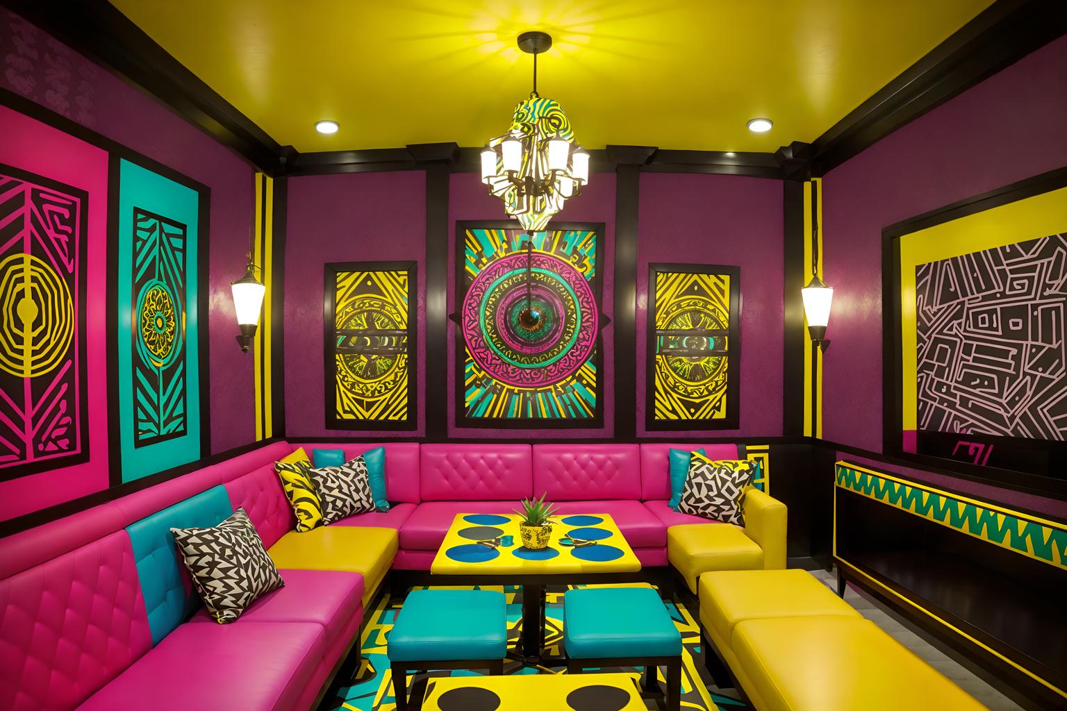 maximalist-style (coffee shop interior) . with playful and more is more philosophy and eye-catching and bold colors and bold patterns and bold design and vibrant and over-the-top aesthetic. . cinematic photo, highly detailed, cinematic lighting, ultra-detailed, ultrarealistic, photorealism, 8k. maximalist interior design style. masterpiece, cinematic light, ultrarealistic+, photorealistic+, 8k, raw photo, realistic, sharp focus on eyes, (symmetrical eyes), (intact eyes), hyperrealistic, highest quality, best quality, , highly detailed, masterpiece, best quality, extremely detailed 8k wallpaper, masterpiece, best quality, ultra-detailed, best shadow, detailed background, detailed face, detailed eyes, high contrast, best illumination, detailed face, dulux, caustic, dynamic angle, detailed glow. dramatic lighting. highly detailed, insanely detailed hair, symmetrical, intricate details, professionally retouched, 8k high definition. strong bokeh. award winning photo.