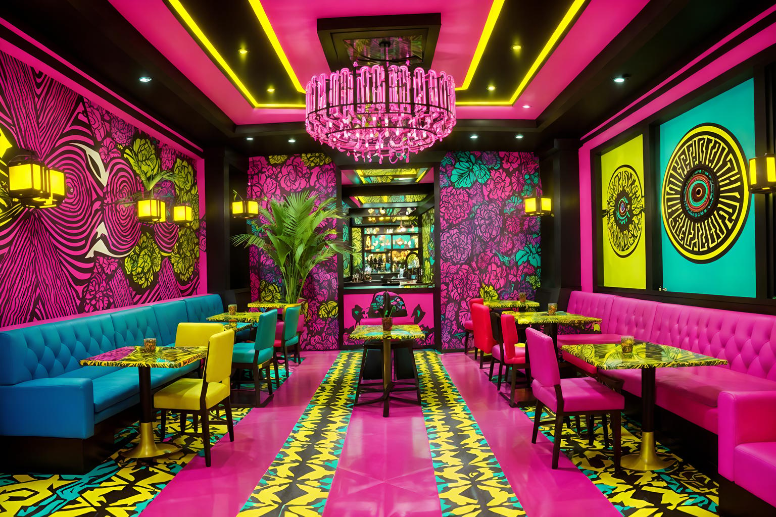 maximalist-style (coffee shop interior) . with playful and more is more philosophy and eye-catching and bold colors and bold patterns and bold design and vibrant and over-the-top aesthetic. . cinematic photo, highly detailed, cinematic lighting, ultra-detailed, ultrarealistic, photorealism, 8k. maximalist interior design style. masterpiece, cinematic light, ultrarealistic+, photorealistic+, 8k, raw photo, realistic, sharp focus on eyes, (symmetrical eyes), (intact eyes), hyperrealistic, highest quality, best quality, , highly detailed, masterpiece, best quality, extremely detailed 8k wallpaper, masterpiece, best quality, ultra-detailed, best shadow, detailed background, detailed face, detailed eyes, high contrast, best illumination, detailed face, dulux, caustic, dynamic angle, detailed glow. dramatic lighting. highly detailed, insanely detailed hair, symmetrical, intricate details, professionally retouched, 8k high definition. strong bokeh. award winning photo.