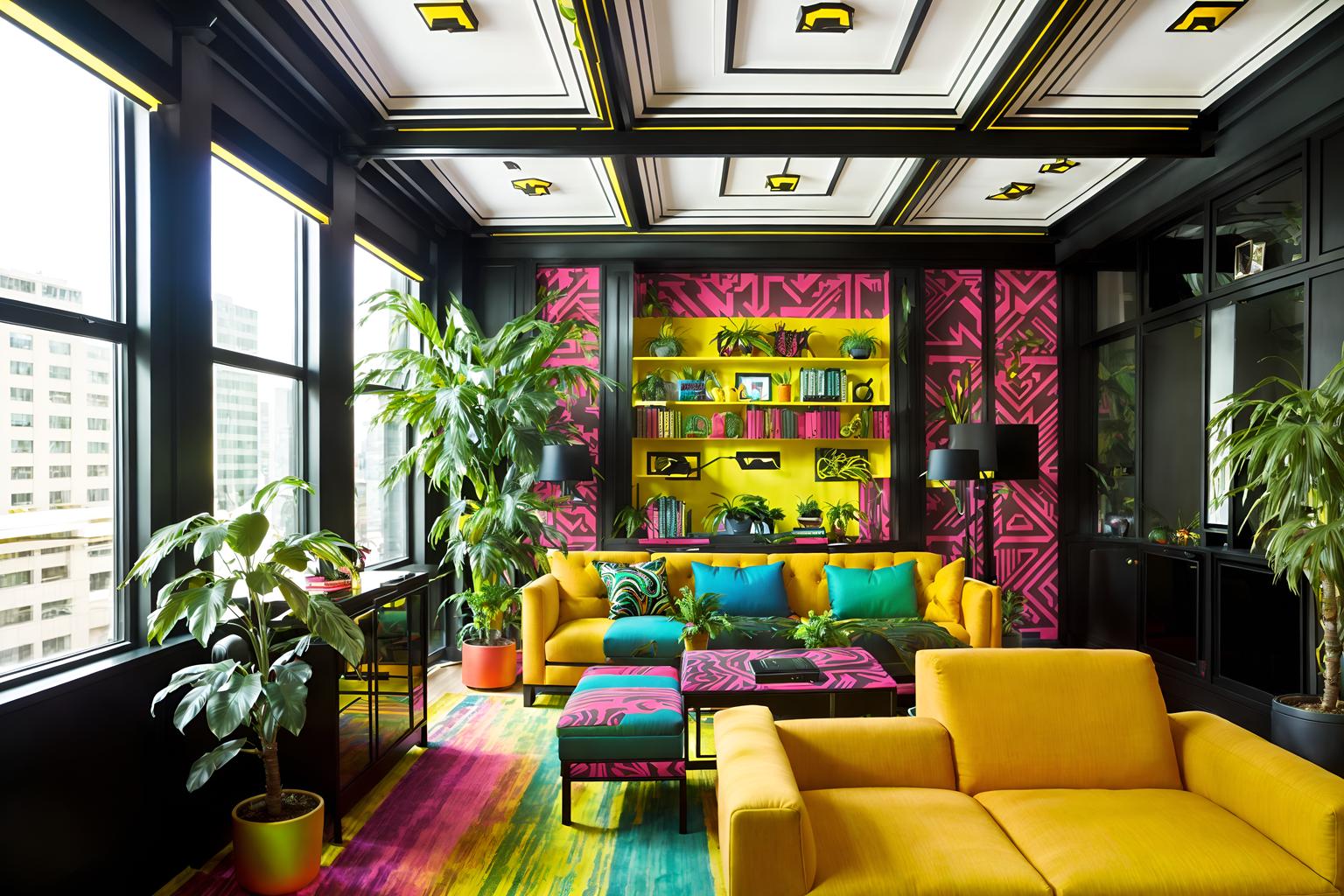 maximalist-style (office interior) with cabinets and plants and windows and computer desks and office desks and lounge chairs and desk lamps and seating area with sofa. . with vibrant and over-the-top aesthetic and more is more philosophy and eye-catching and bold creativity and bold colors and bold patterns and bold design. . cinematic photo, highly detailed, cinematic lighting, ultra-detailed, ultrarealistic, photorealism, 8k. maximalist interior design style. masterpiece, cinematic light, ultrarealistic+, photorealistic+, 8k, raw photo, realistic, sharp focus on eyes, (symmetrical eyes), (intact eyes), hyperrealistic, highest quality, best quality, , highly detailed, masterpiece, best quality, extremely detailed 8k wallpaper, masterpiece, best quality, ultra-detailed, best shadow, detailed background, detailed face, detailed eyes, high contrast, best illumination, detailed face, dulux, caustic, dynamic angle, detailed glow. dramatic lighting. highly detailed, insanely detailed hair, symmetrical, intricate details, professionally retouched, 8k high definition. strong bokeh. award winning photo.