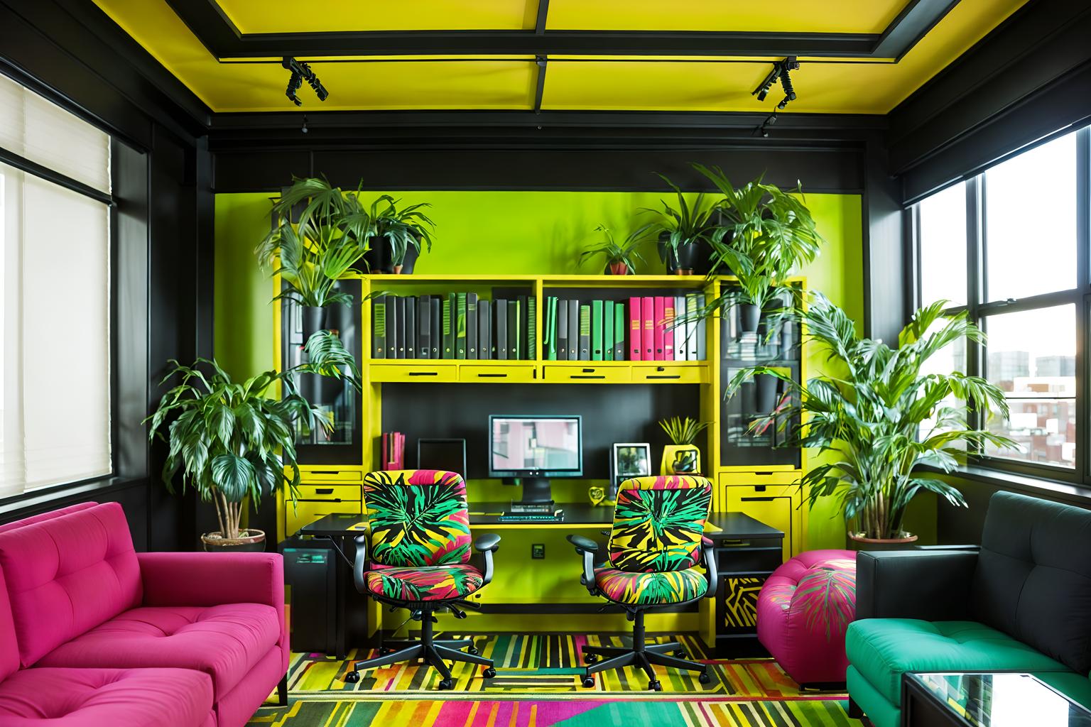 maximalist-style (office interior) with cabinets and plants and windows and computer desks and office desks and lounge chairs and desk lamps and seating area with sofa. . with vibrant and over-the-top aesthetic and more is more philosophy and eye-catching and bold creativity and bold colors and bold patterns and bold design. . cinematic photo, highly detailed, cinematic lighting, ultra-detailed, ultrarealistic, photorealism, 8k. maximalist interior design style. masterpiece, cinematic light, ultrarealistic+, photorealistic+, 8k, raw photo, realistic, sharp focus on eyes, (symmetrical eyes), (intact eyes), hyperrealistic, highest quality, best quality, , highly detailed, masterpiece, best quality, extremely detailed 8k wallpaper, masterpiece, best quality, ultra-detailed, best shadow, detailed background, detailed face, detailed eyes, high contrast, best illumination, detailed face, dulux, caustic, dynamic angle, detailed glow. dramatic lighting. highly detailed, insanely detailed hair, symmetrical, intricate details, professionally retouched, 8k high definition. strong bokeh. award winning photo.