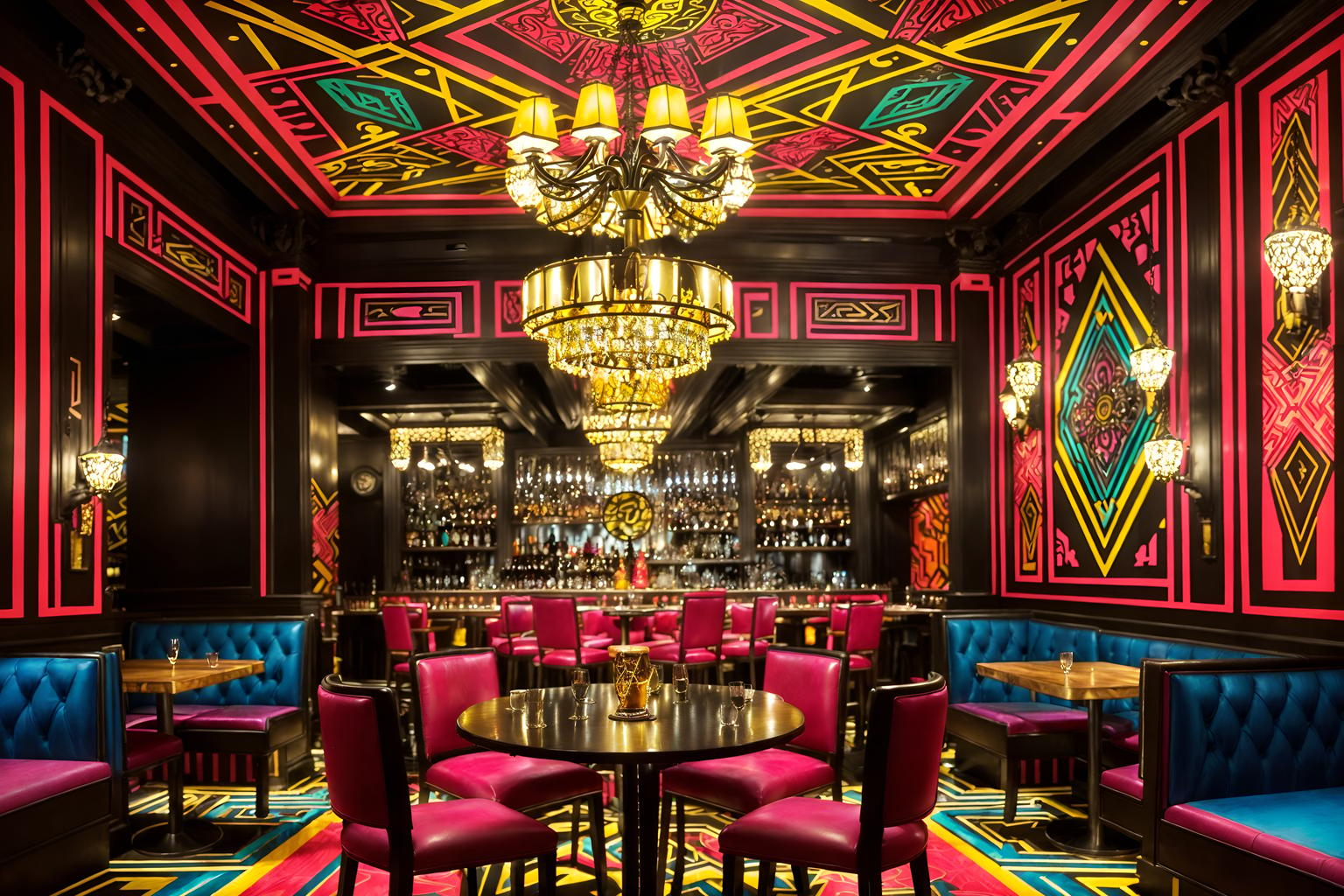maximalist-style (restaurant interior) with restaurant bar and restaurant dining tables and restaurant decor and restaurant chairs and restaurant bar. . with playful and over-the-top aesthetic and bold patterns and bold creativity and eye-catching and bold design and bold colors and more is more philosophy. . cinematic photo, highly detailed, cinematic lighting, ultra-detailed, ultrarealistic, photorealism, 8k. maximalist interior design style. masterpiece, cinematic light, ultrarealistic+, photorealistic+, 8k, raw photo, realistic, sharp focus on eyes, (symmetrical eyes), (intact eyes), hyperrealistic, highest quality, best quality, , highly detailed, masterpiece, best quality, extremely detailed 8k wallpaper, masterpiece, best quality, ultra-detailed, best shadow, detailed background, detailed face, detailed eyes, high contrast, best illumination, detailed face, dulux, caustic, dynamic angle, detailed glow. dramatic lighting. highly detailed, insanely detailed hair, symmetrical, intricate details, professionally retouched, 8k high definition. strong bokeh. award winning photo.
