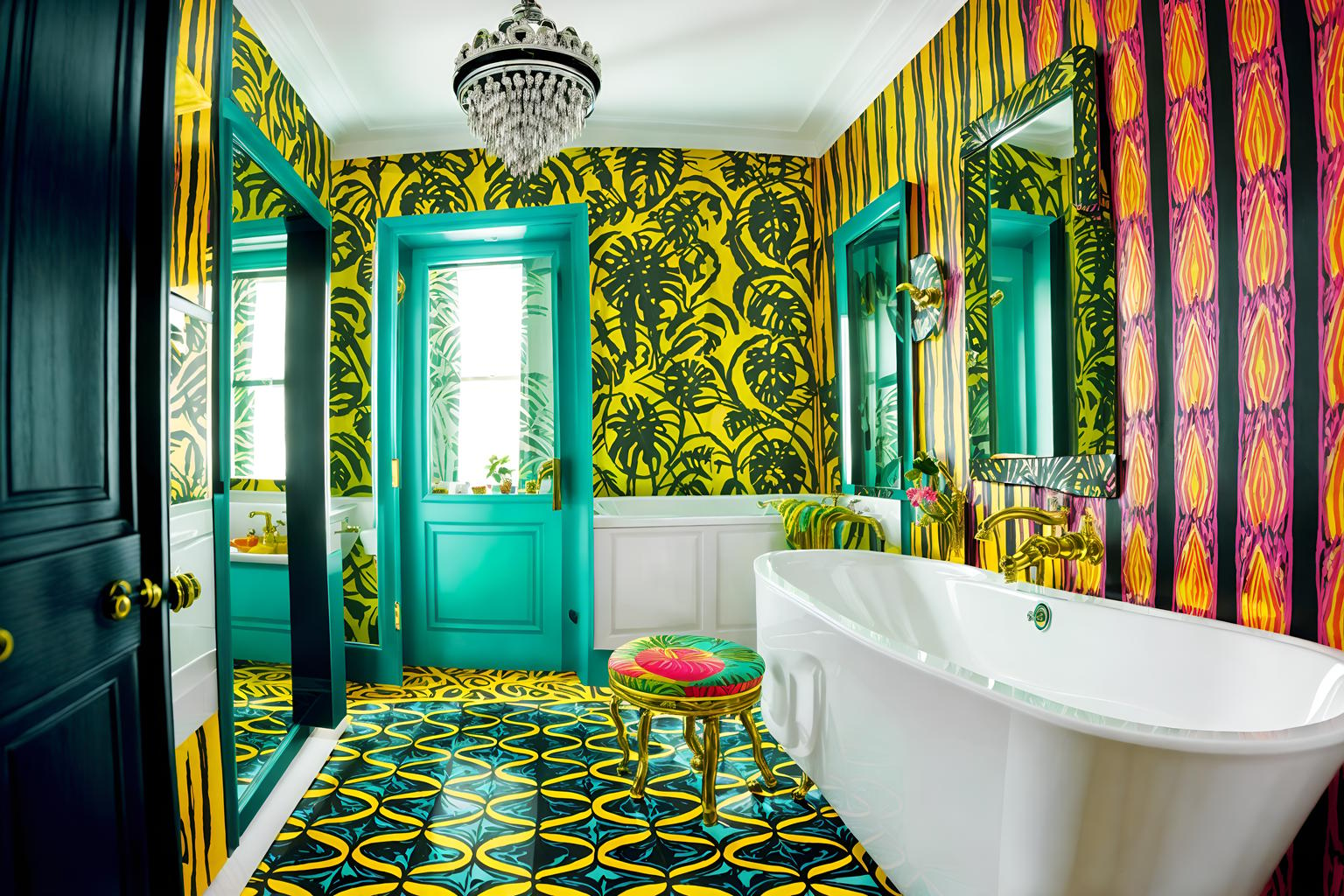 maximalist-style (hotel bathroom interior) with bathroom cabinet and mirror and waste basket and bathroom sink with faucet and bathtub and shower and plant and toilet seat. . with bold patterns and bold colors and more is more philosophy and eye-catching and over-the-top aesthetic and bold creativity and playful and bold design. . cinematic photo, highly detailed, cinematic lighting, ultra-detailed, ultrarealistic, photorealism, 8k. maximalist interior design style. masterpiece, cinematic light, ultrarealistic+, photorealistic+, 8k, raw photo, realistic, sharp focus on eyes, (symmetrical eyes), (intact eyes), hyperrealistic, highest quality, best quality, , highly detailed, masterpiece, best quality, extremely detailed 8k wallpaper, masterpiece, best quality, ultra-detailed, best shadow, detailed background, detailed face, detailed eyes, high contrast, best illumination, detailed face, dulux, caustic, dynamic angle, detailed glow. dramatic lighting. highly detailed, insanely detailed hair, symmetrical, intricate details, professionally retouched, 8k high definition. strong bokeh. award winning photo.