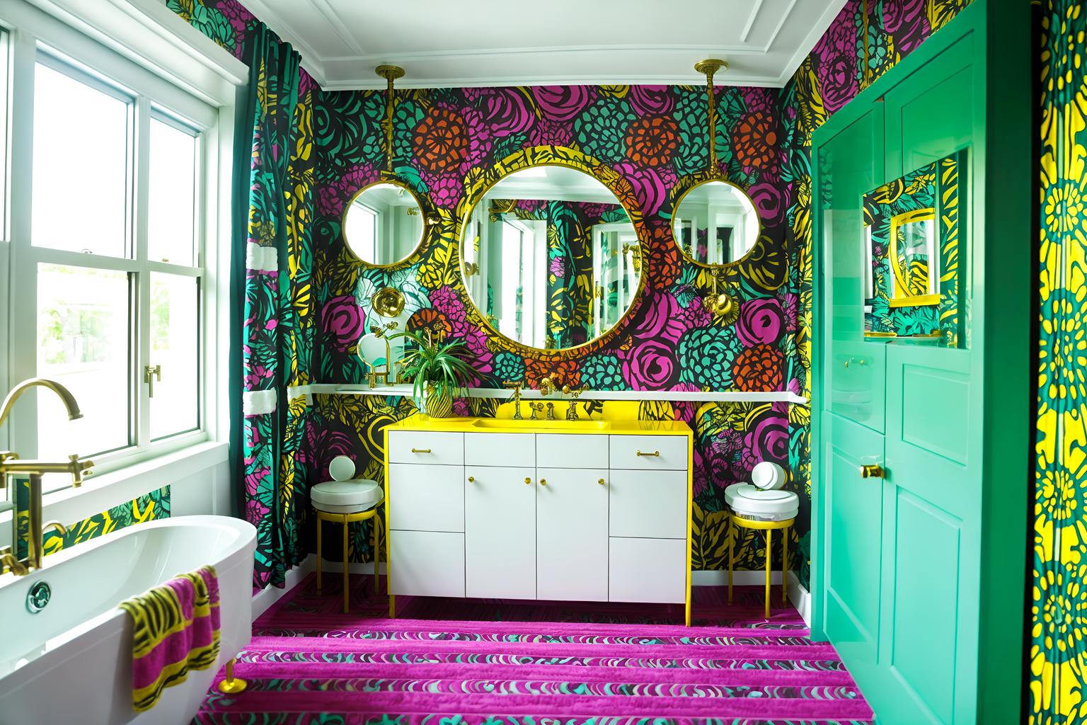 maximalist-style (hotel bathroom interior) with bathroom cabinet and mirror and waste basket and bathroom sink with faucet and bathtub and shower and plant and toilet seat. . with bold patterns and bold colors and more is more philosophy and eye-catching and over-the-top aesthetic and bold creativity and playful and bold design. . cinematic photo, highly detailed, cinematic lighting, ultra-detailed, ultrarealistic, photorealism, 8k. maximalist interior design style. masterpiece, cinematic light, ultrarealistic+, photorealistic+, 8k, raw photo, realistic, sharp focus on eyes, (symmetrical eyes), (intact eyes), hyperrealistic, highest quality, best quality, , highly detailed, masterpiece, best quality, extremely detailed 8k wallpaper, masterpiece, best quality, ultra-detailed, best shadow, detailed background, detailed face, detailed eyes, high contrast, best illumination, detailed face, dulux, caustic, dynamic angle, detailed glow. dramatic lighting. highly detailed, insanely detailed hair, symmetrical, intricate details, professionally retouched, 8k high definition. strong bokeh. award winning photo.