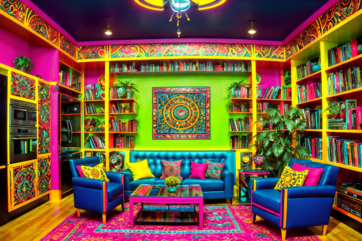 maximalist-style (kitchen living combo interior) with sink and stove and refrigerator and electric lamps and plant and bookshelves and televisions and coffee tables. . with over-the-top aesthetic and vibrant and bold creativity and bold colors and bold patterns and more is more philosophy and bold design and eye-catching. . cinematic photo, highly detailed, cinematic lighting, ultra-detailed, ultrarealistic, photorealism, 8k. maximalist interior design style. masterpiece, cinematic light, ultrarealistic+, photorealistic+, 8k, raw photo, realistic, sharp focus on eyes, (symmetrical eyes), (intact eyes), hyperrealistic, highest quality, best quality, , highly detailed, masterpiece, best quality, extremely detailed 8k wallpaper, masterpiece, best quality, ultra-detailed, best shadow, detailed background, detailed face, detailed eyes, high contrast, best illumination, detailed face, dulux, caustic, dynamic angle, detailed glow. dramatic lighting. highly detailed, insanely detailed hair, symmetrical, intricate details, professionally retouched, 8k high definition. strong bokeh. award winning photo.