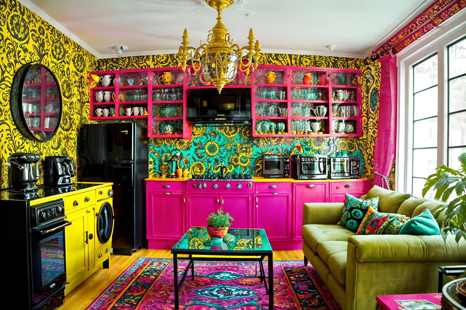 maximalist-style (kitchen living combo interior) with sink and stove and refrigerator and electric lamps and plant and bookshelves and televisions and coffee tables. . with over-the-top aesthetic and vibrant and bold creativity and bold colors and bold patterns and more is more philosophy and bold design and eye-catching. . cinematic photo, highly detailed, cinematic lighting, ultra-detailed, ultrarealistic, photorealism, 8k. maximalist interior design style. masterpiece, cinematic light, ultrarealistic+, photorealistic+, 8k, raw photo, realistic, sharp focus on eyes, (symmetrical eyes), (intact eyes), hyperrealistic, highest quality, best quality, , highly detailed, masterpiece, best quality, extremely detailed 8k wallpaper, masterpiece, best quality, ultra-detailed, best shadow, detailed background, detailed face, detailed eyes, high contrast, best illumination, detailed face, dulux, caustic, dynamic angle, detailed glow. dramatic lighting. highly detailed, insanely detailed hair, symmetrical, intricate details, professionally retouched, 8k high definition. strong bokeh. award winning photo.