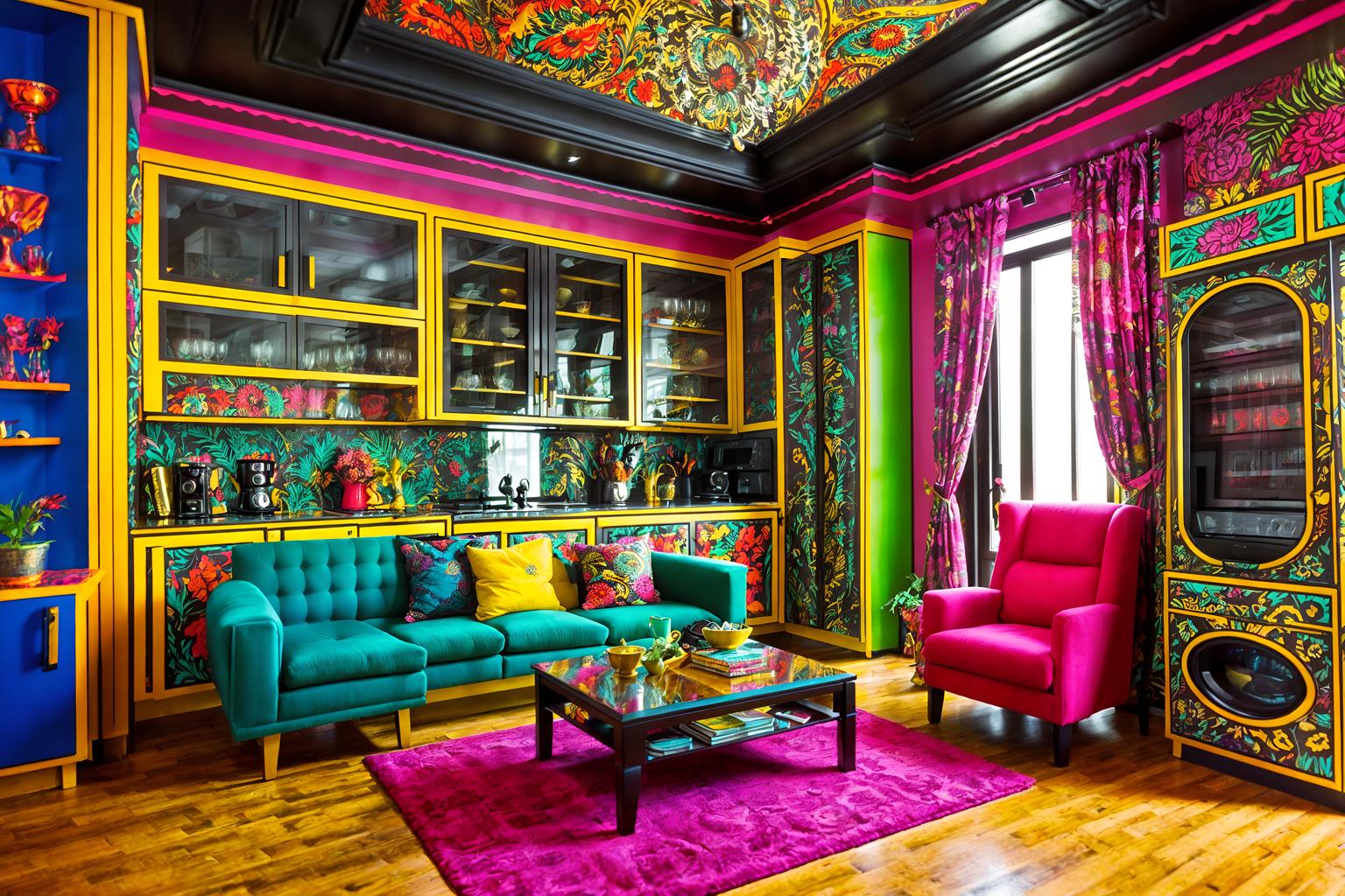 maximalist-style (kitchen living combo interior) with sink and stove and refrigerator and electric lamps and plant and bookshelves and televisions and coffee tables. . with over-the-top aesthetic and vibrant and bold creativity and bold colors and bold patterns and more is more philosophy and bold design and eye-catching. . cinematic photo, highly detailed, cinematic lighting, ultra-detailed, ultrarealistic, photorealism, 8k. maximalist interior design style. masterpiece, cinematic light, ultrarealistic+, photorealistic+, 8k, raw photo, realistic, sharp focus on eyes, (symmetrical eyes), (intact eyes), hyperrealistic, highest quality, best quality, , highly detailed, masterpiece, best quality, extremely detailed 8k wallpaper, masterpiece, best quality, ultra-detailed, best shadow, detailed background, detailed face, detailed eyes, high contrast, best illumination, detailed face, dulux, caustic, dynamic angle, detailed glow. dramatic lighting. highly detailed, insanely detailed hair, symmetrical, intricate details, professionally retouched, 8k high definition. strong bokeh. award winning photo.