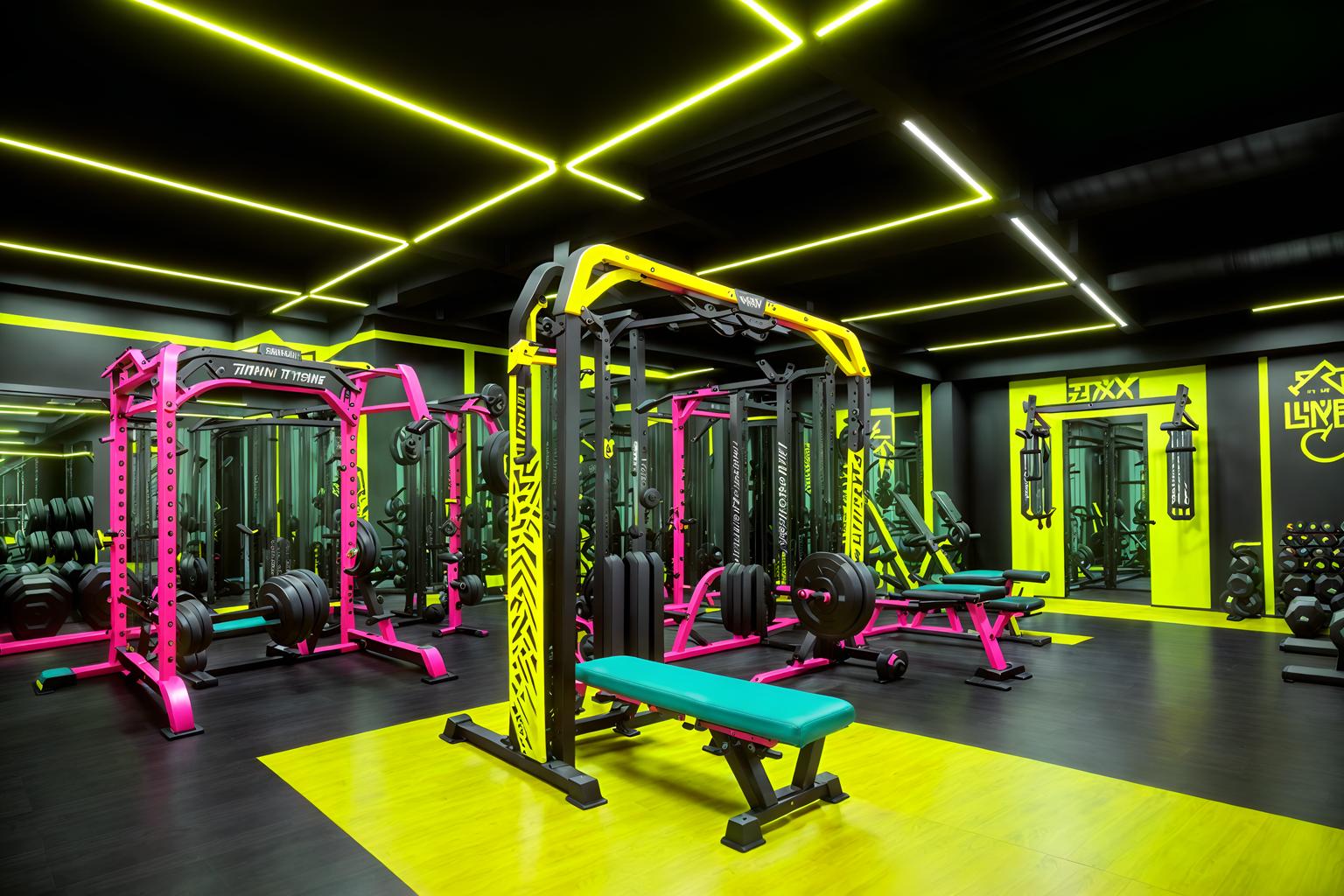 maximalist-style (fitness gym interior) with dumbbell stand and bench press and exercise bicycle and squat rack and crosstrainer and dumbbell stand. . with over-the-top aesthetic and bold design and vibrant and bold patterns and more is more philosophy and bold colors and eye-catching and playful. . cinematic photo, highly detailed, cinematic lighting, ultra-detailed, ultrarealistic, photorealism, 8k. maximalist interior design style. masterpiece, cinematic light, ultrarealistic+, photorealistic+, 8k, raw photo, realistic, sharp focus on eyes, (symmetrical eyes), (intact eyes), hyperrealistic, highest quality, best quality, , highly detailed, masterpiece, best quality, extremely detailed 8k wallpaper, masterpiece, best quality, ultra-detailed, best shadow, detailed background, detailed face, detailed eyes, high contrast, best illumination, detailed face, dulux, caustic, dynamic angle, detailed glow. dramatic lighting. highly detailed, insanely detailed hair, symmetrical, intricate details, professionally retouched, 8k high definition. strong bokeh. award winning photo.