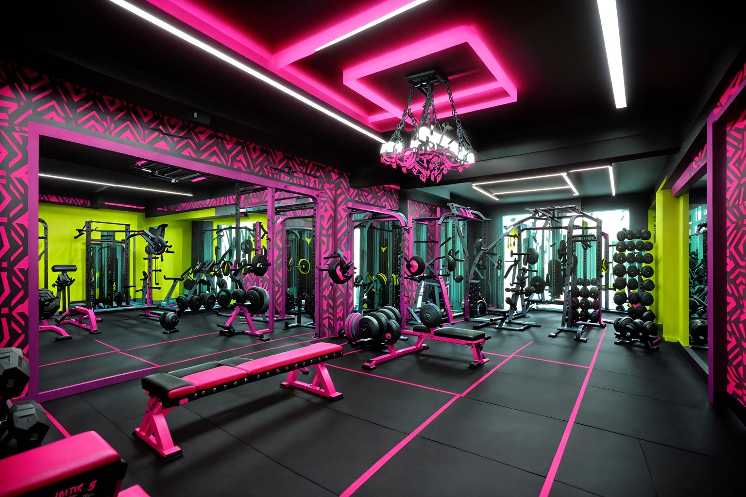 maximalist-style (fitness gym interior) with dumbbell stand and bench press and exercise bicycle and squat rack and crosstrainer and dumbbell stand. . with over-the-top aesthetic and bold design and vibrant and bold patterns and more is more philosophy and bold colors and eye-catching and playful. . cinematic photo, highly detailed, cinematic lighting, ultra-detailed, ultrarealistic, photorealism, 8k. maximalist interior design style. masterpiece, cinematic light, ultrarealistic+, photorealistic+, 8k, raw photo, realistic, sharp focus on eyes, (symmetrical eyes), (intact eyes), hyperrealistic, highest quality, best quality, , highly detailed, masterpiece, best quality, extremely detailed 8k wallpaper, masterpiece, best quality, ultra-detailed, best shadow, detailed background, detailed face, detailed eyes, high contrast, best illumination, detailed face, dulux, caustic, dynamic angle, detailed glow. dramatic lighting. highly detailed, insanely detailed hair, symmetrical, intricate details, professionally retouched, 8k high definition. strong bokeh. award winning photo.