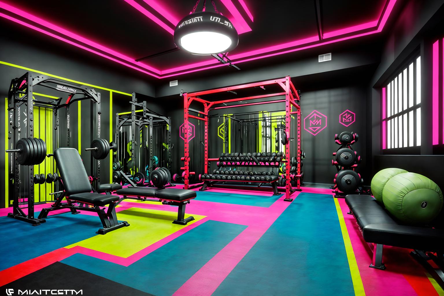 maximalist-style (fitness gym interior) with dumbbell stand and bench press and exercise bicycle and squat rack and crosstrainer and dumbbell stand. . with over-the-top aesthetic and bold design and vibrant and bold patterns and more is more philosophy and bold colors and eye-catching and playful. . cinematic photo, highly detailed, cinematic lighting, ultra-detailed, ultrarealistic, photorealism, 8k. maximalist interior design style. masterpiece, cinematic light, ultrarealistic+, photorealistic+, 8k, raw photo, realistic, sharp focus on eyes, (symmetrical eyes), (intact eyes), hyperrealistic, highest quality, best quality, , highly detailed, masterpiece, best quality, extremely detailed 8k wallpaper, masterpiece, best quality, ultra-detailed, best shadow, detailed background, detailed face, detailed eyes, high contrast, best illumination, detailed face, dulux, caustic, dynamic angle, detailed glow. dramatic lighting. highly detailed, insanely detailed hair, symmetrical, intricate details, professionally retouched, 8k high definition. strong bokeh. award winning photo.