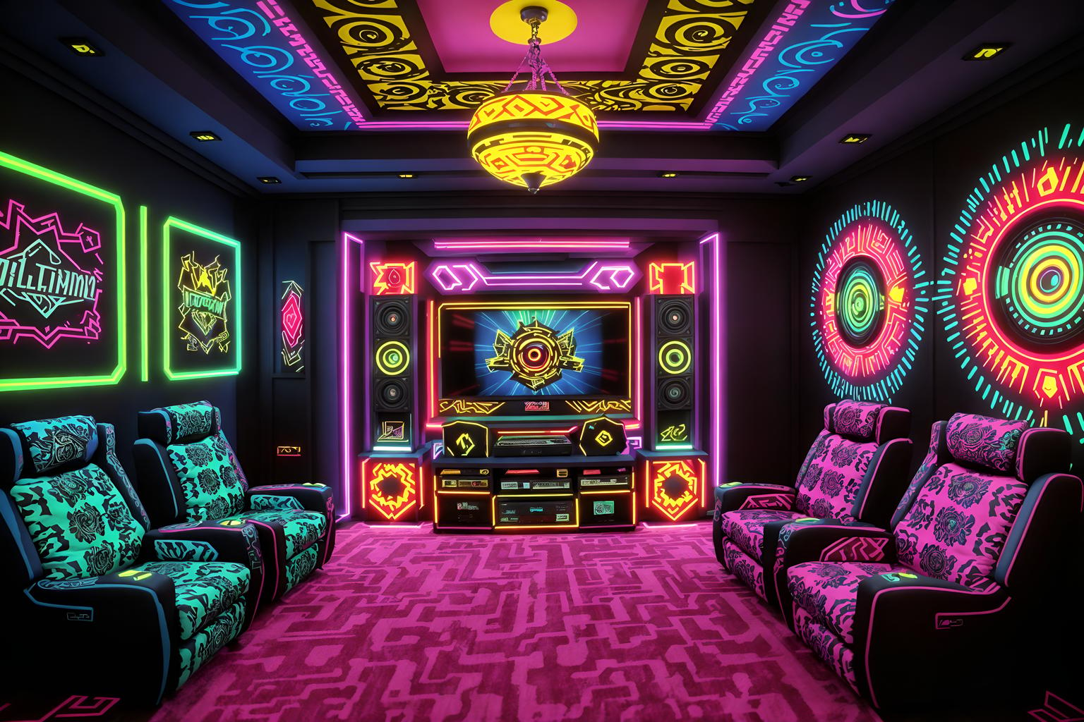 maximalist-style (gaming room interior) . with eye-catching and bold patterns and bold creativity and bold design and vibrant and over-the-top aesthetic and playful and more is more philosophy. . cinematic photo, highly detailed, cinematic lighting, ultra-detailed, ultrarealistic, photorealism, 8k. maximalist interior design style. masterpiece, cinematic light, ultrarealistic+, photorealistic+, 8k, raw photo, realistic, sharp focus on eyes, (symmetrical eyes), (intact eyes), hyperrealistic, highest quality, best quality, , highly detailed, masterpiece, best quality, extremely detailed 8k wallpaper, masterpiece, best quality, ultra-detailed, best shadow, detailed background, detailed face, detailed eyes, high contrast, best illumination, detailed face, dulux, caustic, dynamic angle, detailed glow. dramatic lighting. highly detailed, insanely detailed hair, symmetrical, intricate details, professionally retouched, 8k high definition. strong bokeh. award winning photo.