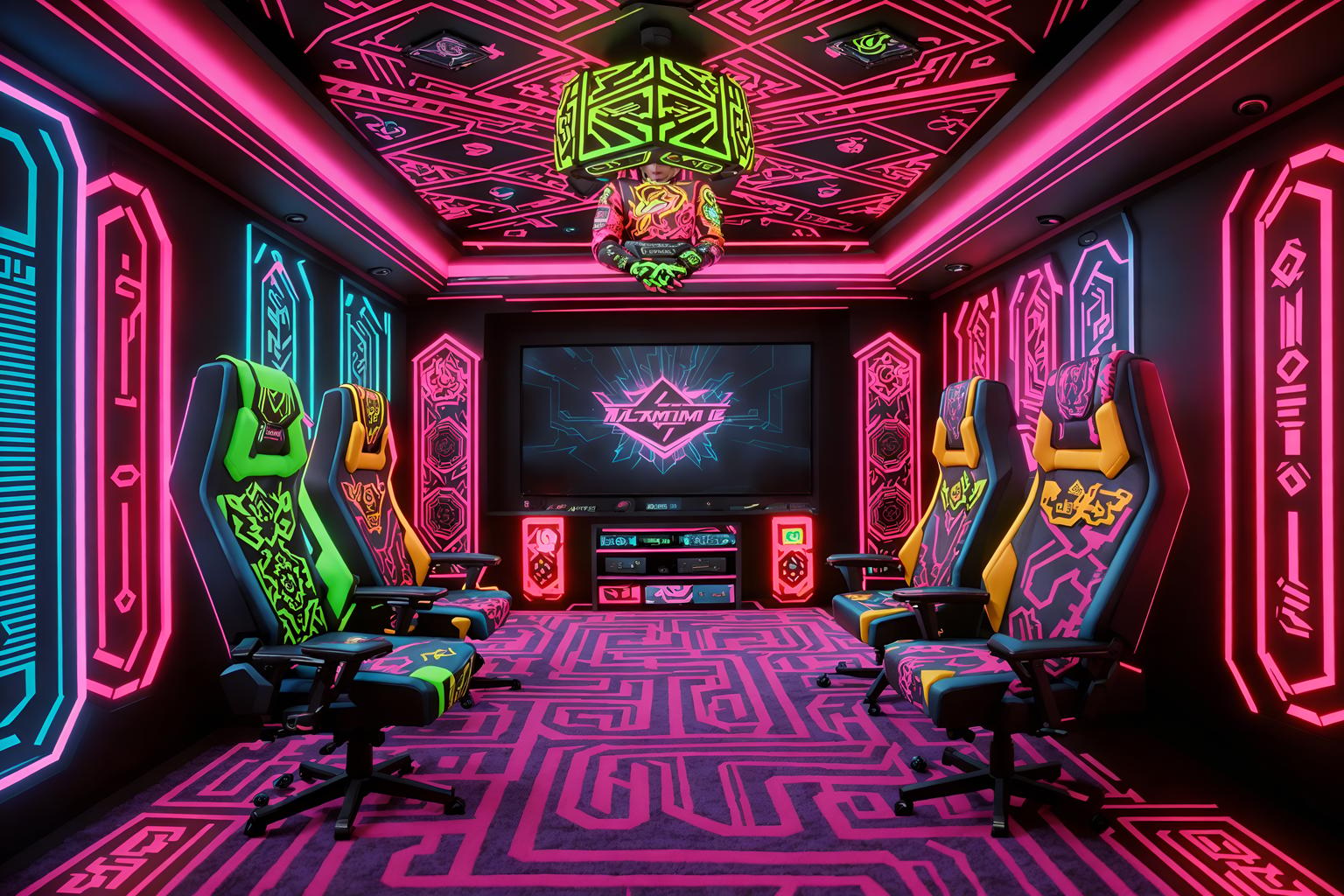 maximalist-style (gaming room interior) . with eye-catching and bold patterns and bold creativity and bold design and vibrant and over-the-top aesthetic and playful and more is more philosophy. . cinematic photo, highly detailed, cinematic lighting, ultra-detailed, ultrarealistic, photorealism, 8k. maximalist interior design style. masterpiece, cinematic light, ultrarealistic+, photorealistic+, 8k, raw photo, realistic, sharp focus on eyes, (symmetrical eyes), (intact eyes), hyperrealistic, highest quality, best quality, , highly detailed, masterpiece, best quality, extremely detailed 8k wallpaper, masterpiece, best quality, ultra-detailed, best shadow, detailed background, detailed face, detailed eyes, high contrast, best illumination, detailed face, dulux, caustic, dynamic angle, detailed glow. dramatic lighting. highly detailed, insanely detailed hair, symmetrical, intricate details, professionally retouched, 8k high definition. strong bokeh. award winning photo.