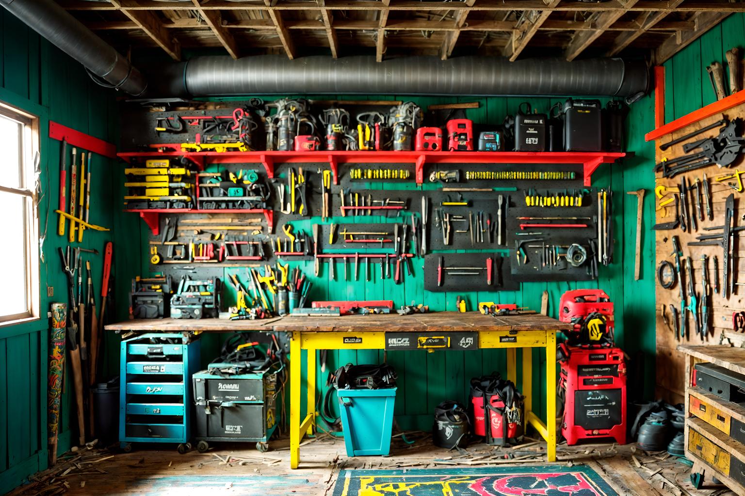 maximalist-style (workshop interior) with tool wall and wooden workbench and messy and tool wall. . with playful and over-the-top aesthetic and bold colors and bold patterns and vibrant and eye-catching and bold design and bold creativity. . cinematic photo, highly detailed, cinematic lighting, ultra-detailed, ultrarealistic, photorealism, 8k. maximalist interior design style. masterpiece, cinematic light, ultrarealistic+, photorealistic+, 8k, raw photo, realistic, sharp focus on eyes, (symmetrical eyes), (intact eyes), hyperrealistic, highest quality, best quality, , highly detailed, masterpiece, best quality, extremely detailed 8k wallpaper, masterpiece, best quality, ultra-detailed, best shadow, detailed background, detailed face, detailed eyes, high contrast, best illumination, detailed face, dulux, caustic, dynamic angle, detailed glow. dramatic lighting. highly detailed, insanely detailed hair, symmetrical, intricate details, professionally retouched, 8k high definition. strong bokeh. award winning photo.