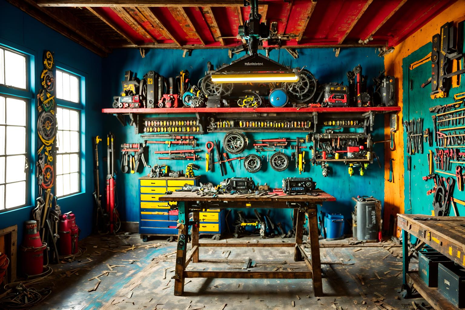 maximalist-style (workshop interior) with tool wall and wooden workbench and messy and tool wall. . with playful and over-the-top aesthetic and bold colors and bold patterns and vibrant and eye-catching and bold design and bold creativity. . cinematic photo, highly detailed, cinematic lighting, ultra-detailed, ultrarealistic, photorealism, 8k. maximalist interior design style. masterpiece, cinematic light, ultrarealistic+, photorealistic+, 8k, raw photo, realistic, sharp focus on eyes, (symmetrical eyes), (intact eyes), hyperrealistic, highest quality, best quality, , highly detailed, masterpiece, best quality, extremely detailed 8k wallpaper, masterpiece, best quality, ultra-detailed, best shadow, detailed background, detailed face, detailed eyes, high contrast, best illumination, detailed face, dulux, caustic, dynamic angle, detailed glow. dramatic lighting. highly detailed, insanely detailed hair, symmetrical, intricate details, professionally retouched, 8k high definition. strong bokeh. award winning photo.