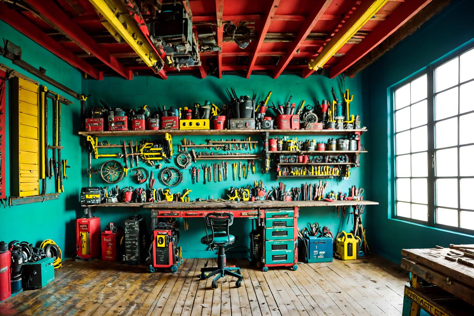 maximalist-style (workshop interior) with tool wall and wooden workbench and messy and tool wall. . with playful and over-the-top aesthetic and bold colors and bold patterns and vibrant and eye-catching and bold design and bold creativity. . cinematic photo, highly detailed, cinematic lighting, ultra-detailed, ultrarealistic, photorealism, 8k. maximalist interior design style. masterpiece, cinematic light, ultrarealistic+, photorealistic+, 8k, raw photo, realistic, sharp focus on eyes, (symmetrical eyes), (intact eyes), hyperrealistic, highest quality, best quality, , highly detailed, masterpiece, best quality, extremely detailed 8k wallpaper, masterpiece, best quality, ultra-detailed, best shadow, detailed background, detailed face, detailed eyes, high contrast, best illumination, detailed face, dulux, caustic, dynamic angle, detailed glow. dramatic lighting. highly detailed, insanely detailed hair, symmetrical, intricate details, professionally retouched, 8k high definition. strong bokeh. award winning photo.