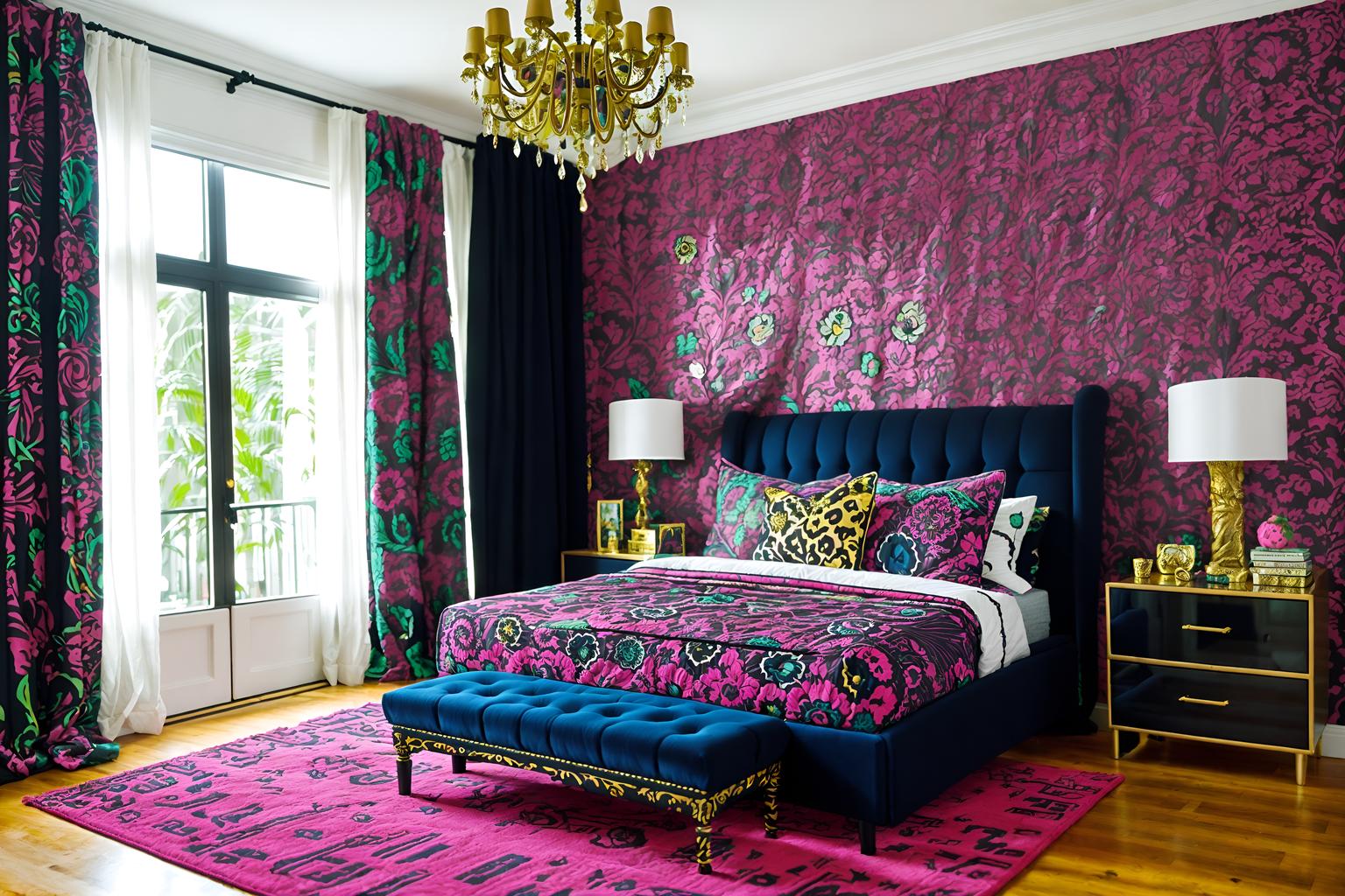 maximalist-style (bedroom interior) with mirror and bedside table or night stand and plant and dresser closet and bed and accent chair and night light and headboard. . with more is more philosophy and over-the-top aesthetic and playful and bold patterns and bold colors and bold creativity and bold design and vibrant. . cinematic photo, highly detailed, cinematic lighting, ultra-detailed, ultrarealistic, photorealism, 8k. maximalist interior design style. masterpiece, cinematic light, ultrarealistic+, photorealistic+, 8k, raw photo, realistic, sharp focus on eyes, (symmetrical eyes), (intact eyes), hyperrealistic, highest quality, best quality, , highly detailed, masterpiece, best quality, extremely detailed 8k wallpaper, masterpiece, best quality, ultra-detailed, best shadow, detailed background, detailed face, detailed eyes, high contrast, best illumination, detailed face, dulux, caustic, dynamic angle, detailed glow. dramatic lighting. highly detailed, insanely detailed hair, symmetrical, intricate details, professionally retouched, 8k high definition. strong bokeh. award winning photo.