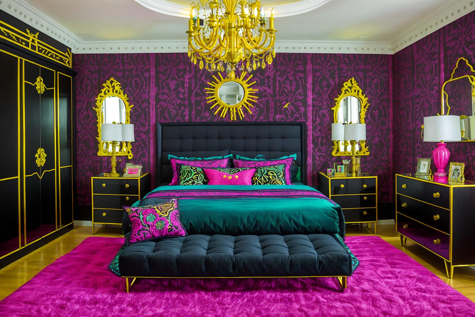 maximalist-style (bedroom interior) with mirror and bedside table or night stand and plant and dresser closet and bed and accent chair and night light and headboard. . with more is more philosophy and over-the-top aesthetic and playful and bold patterns and bold colors and bold creativity and bold design and vibrant. . cinematic photo, highly detailed, cinematic lighting, ultra-detailed, ultrarealistic, photorealism, 8k. maximalist interior design style. masterpiece, cinematic light, ultrarealistic+, photorealistic+, 8k, raw photo, realistic, sharp focus on eyes, (symmetrical eyes), (intact eyes), hyperrealistic, highest quality, best quality, , highly detailed, masterpiece, best quality, extremely detailed 8k wallpaper, masterpiece, best quality, ultra-detailed, best shadow, detailed background, detailed face, detailed eyes, high contrast, best illumination, detailed face, dulux, caustic, dynamic angle, detailed glow. dramatic lighting. highly detailed, insanely detailed hair, symmetrical, intricate details, professionally retouched, 8k high definition. strong bokeh. award winning photo.