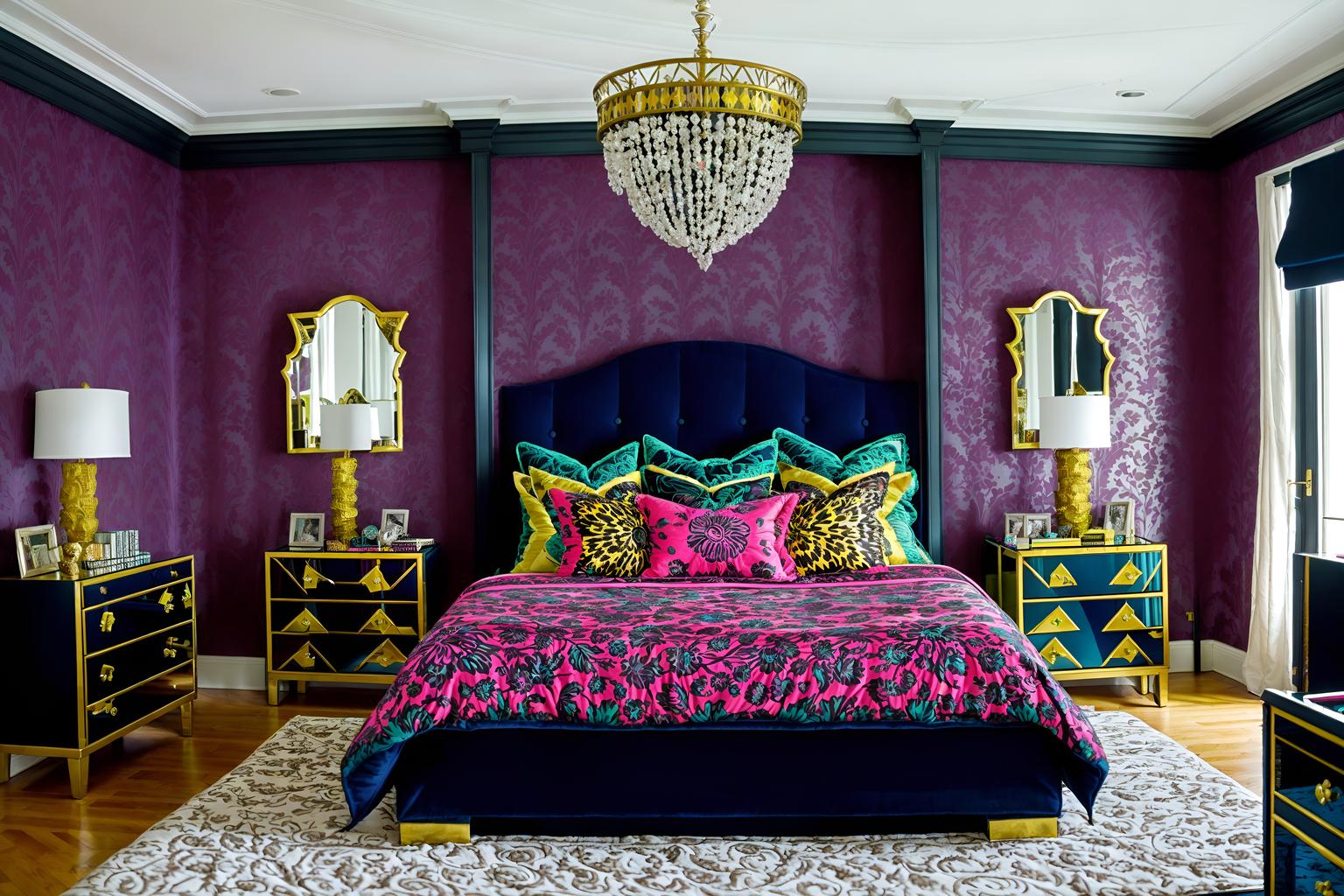 maximalist-style (bedroom interior) with mirror and bedside table or night stand and plant and dresser closet and bed and accent chair and night light and headboard. . with more is more philosophy and over-the-top aesthetic and playful and bold patterns and bold colors and bold creativity and bold design and vibrant. . cinematic photo, highly detailed, cinematic lighting, ultra-detailed, ultrarealistic, photorealism, 8k. maximalist interior design style. masterpiece, cinematic light, ultrarealistic+, photorealistic+, 8k, raw photo, realistic, sharp focus on eyes, (symmetrical eyes), (intact eyes), hyperrealistic, highest quality, best quality, , highly detailed, masterpiece, best quality, extremely detailed 8k wallpaper, masterpiece, best quality, ultra-detailed, best shadow, detailed background, detailed face, detailed eyes, high contrast, best illumination, detailed face, dulux, caustic, dynamic angle, detailed glow. dramatic lighting. highly detailed, insanely detailed hair, symmetrical, intricate details, professionally retouched, 8k high definition. strong bokeh. award winning photo.