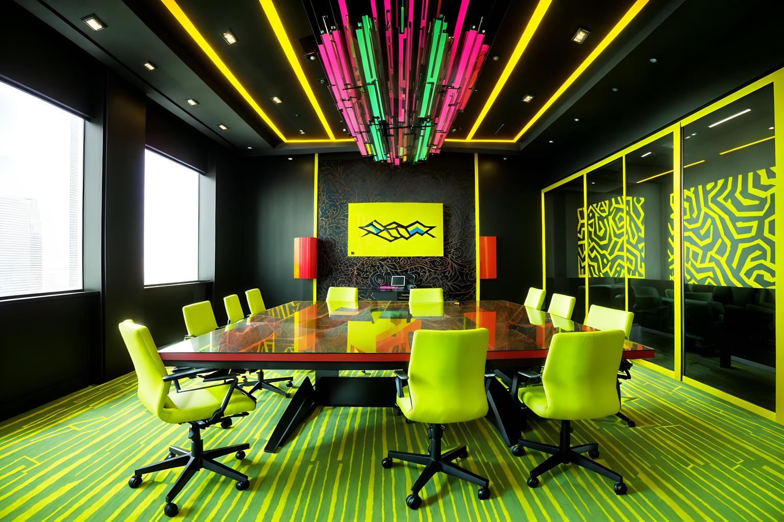 maximalist-style (meeting room interior) with glass walls and painting or photo on wall and boardroom table and cabinets and plant and glass doors and office chairs and vase. . with over-the-top aesthetic and vibrant and bold design and bold colors and playful and bold patterns and bold creativity and eye-catching. . cinematic photo, highly detailed, cinematic lighting, ultra-detailed, ultrarealistic, photorealism, 8k. maximalist interior design style. masterpiece, cinematic light, ultrarealistic+, photorealistic+, 8k, raw photo, realistic, sharp focus on eyes, (symmetrical eyes), (intact eyes), hyperrealistic, highest quality, best quality, , highly detailed, masterpiece, best quality, extremely detailed 8k wallpaper, masterpiece, best quality, ultra-detailed, best shadow, detailed background, detailed face, detailed eyes, high contrast, best illumination, detailed face, dulux, caustic, dynamic angle, detailed glow. dramatic lighting. highly detailed, insanely detailed hair, symmetrical, intricate details, professionally retouched, 8k high definition. strong bokeh. award winning photo.