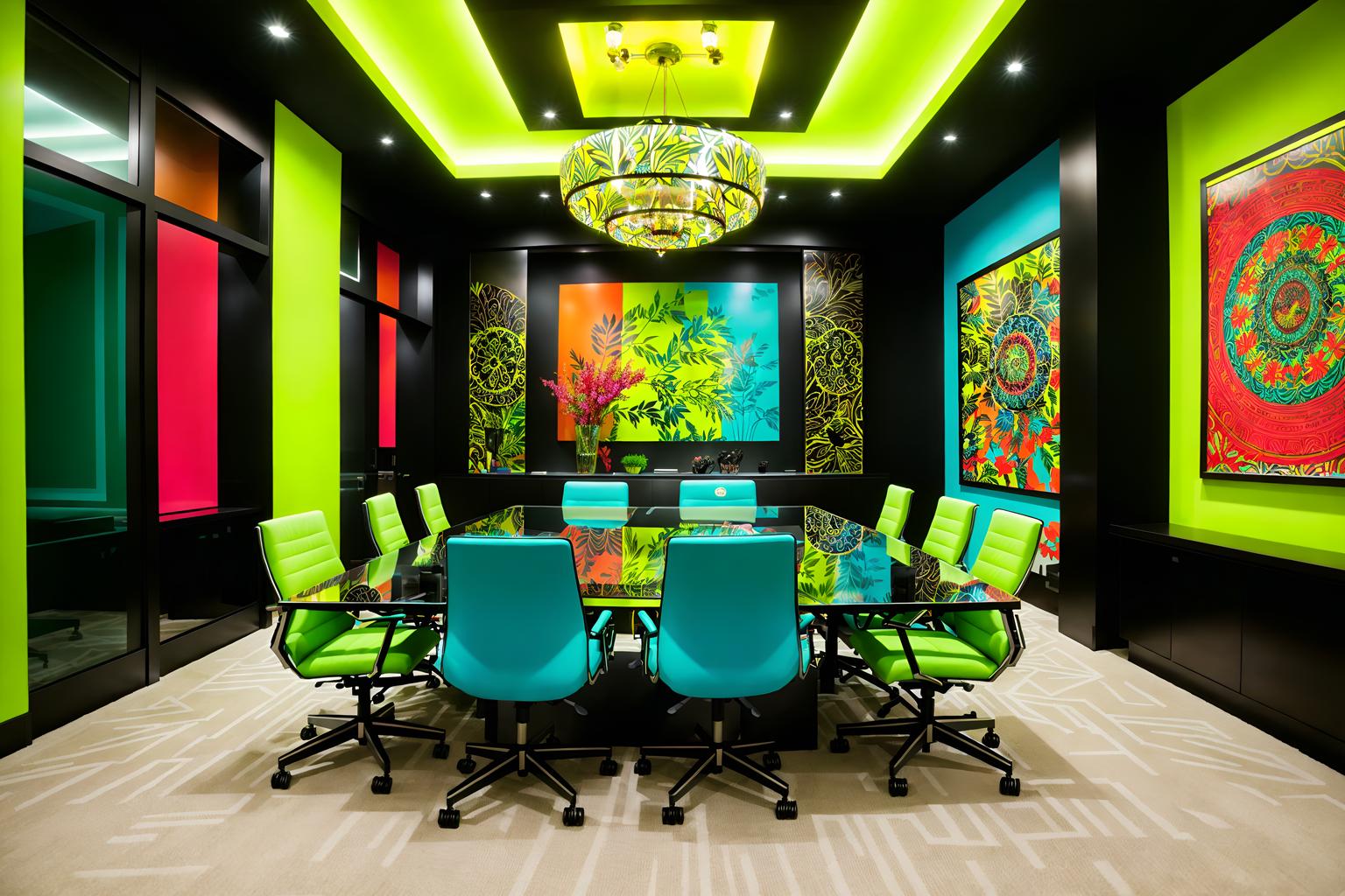 maximalist-style (meeting room interior) with glass walls and painting or photo on wall and boardroom table and cabinets and plant and glass doors and office chairs and vase. . with over-the-top aesthetic and vibrant and bold design and bold colors and playful and bold patterns and bold creativity and eye-catching. . cinematic photo, highly detailed, cinematic lighting, ultra-detailed, ultrarealistic, photorealism, 8k. maximalist interior design style. masterpiece, cinematic light, ultrarealistic+, photorealistic+, 8k, raw photo, realistic, sharp focus on eyes, (symmetrical eyes), (intact eyes), hyperrealistic, highest quality, best quality, , highly detailed, masterpiece, best quality, extremely detailed 8k wallpaper, masterpiece, best quality, ultra-detailed, best shadow, detailed background, detailed face, detailed eyes, high contrast, best illumination, detailed face, dulux, caustic, dynamic angle, detailed glow. dramatic lighting. highly detailed, insanely detailed hair, symmetrical, intricate details, professionally retouched, 8k high definition. strong bokeh. award winning photo.