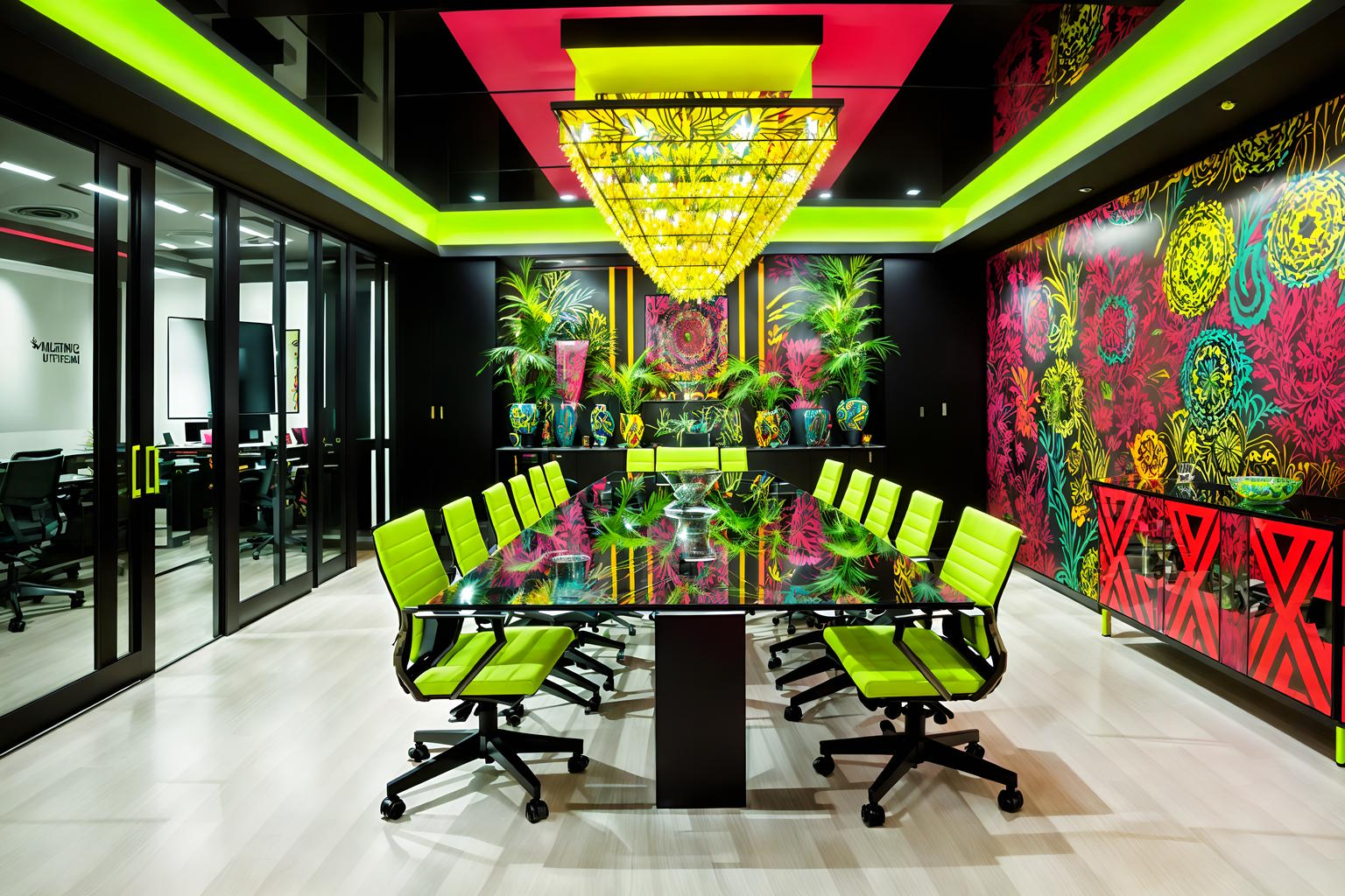 maximalist-style (meeting room interior) with glass walls and painting or photo on wall and boardroom table and cabinets and plant and glass doors and office chairs and vase. . with over-the-top aesthetic and vibrant and bold design and bold colors and playful and bold patterns and bold creativity and eye-catching. . cinematic photo, highly detailed, cinematic lighting, ultra-detailed, ultrarealistic, photorealism, 8k. maximalist interior design style. masterpiece, cinematic light, ultrarealistic+, photorealistic+, 8k, raw photo, realistic, sharp focus on eyes, (symmetrical eyes), (intact eyes), hyperrealistic, highest quality, best quality, , highly detailed, masterpiece, best quality, extremely detailed 8k wallpaper, masterpiece, best quality, ultra-detailed, best shadow, detailed background, detailed face, detailed eyes, high contrast, best illumination, detailed face, dulux, caustic, dynamic angle, detailed glow. dramatic lighting. highly detailed, insanely detailed hair, symmetrical, intricate details, professionally retouched, 8k high definition. strong bokeh. award winning photo.