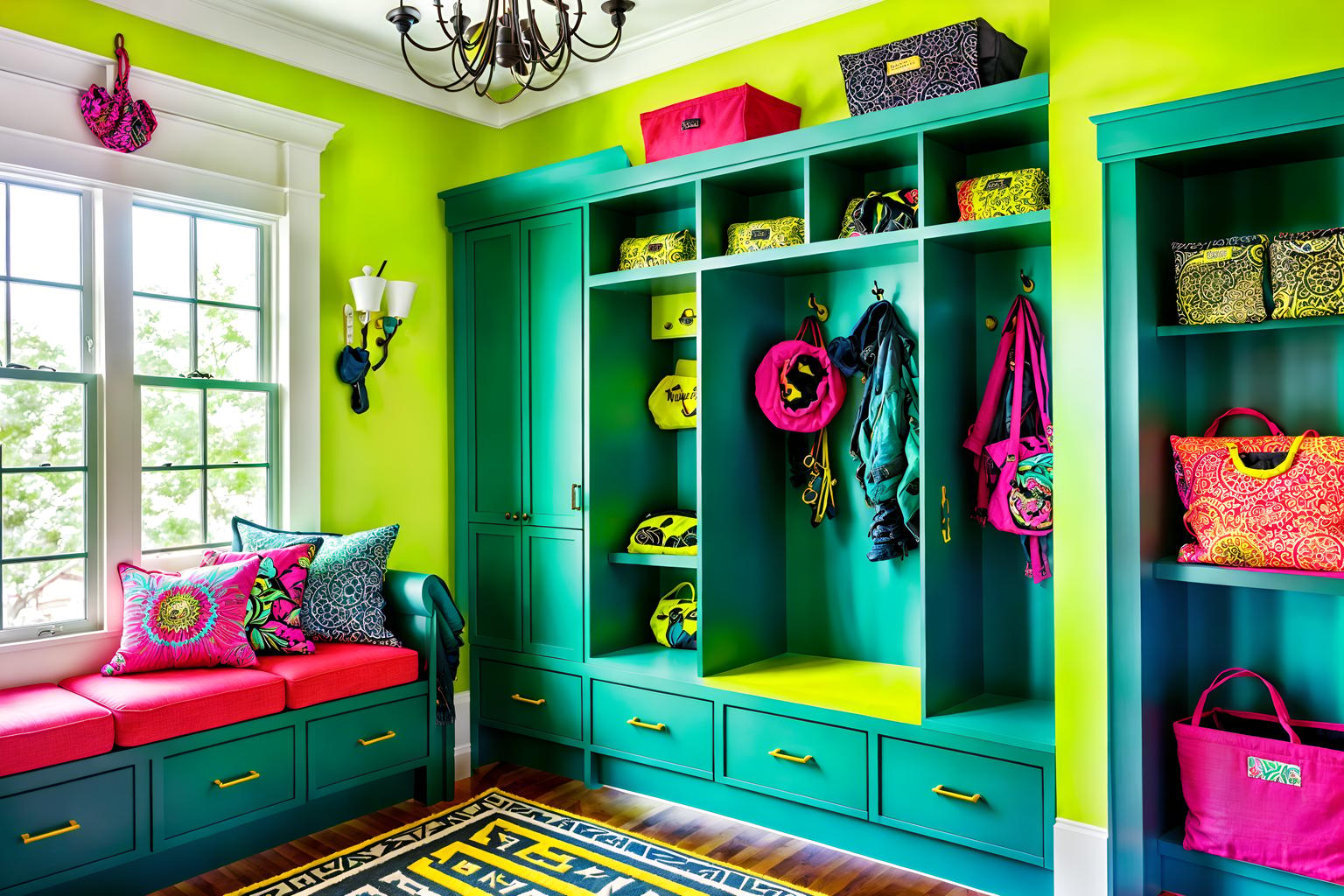 maximalist-style (mudroom interior) with high up storage and cabinets and a bench and wall hooks for coats and storage drawers and cubbies and shelves for shoes and storage baskets. . with more is more philosophy and bold design and vibrant and over-the-top aesthetic and eye-catching and bold colors and playful and bold patterns. . cinematic photo, highly detailed, cinematic lighting, ultra-detailed, ultrarealistic, photorealism, 8k. maximalist interior design style. masterpiece, cinematic light, ultrarealistic+, photorealistic+, 8k, raw photo, realistic, sharp focus on eyes, (symmetrical eyes), (intact eyes), hyperrealistic, highest quality, best quality, , highly detailed, masterpiece, best quality, extremely detailed 8k wallpaper, masterpiece, best quality, ultra-detailed, best shadow, detailed background, detailed face, detailed eyes, high contrast, best illumination, detailed face, dulux, caustic, dynamic angle, detailed glow. dramatic lighting. highly detailed, insanely detailed hair, symmetrical, intricate details, professionally retouched, 8k high definition. strong bokeh. award winning photo.