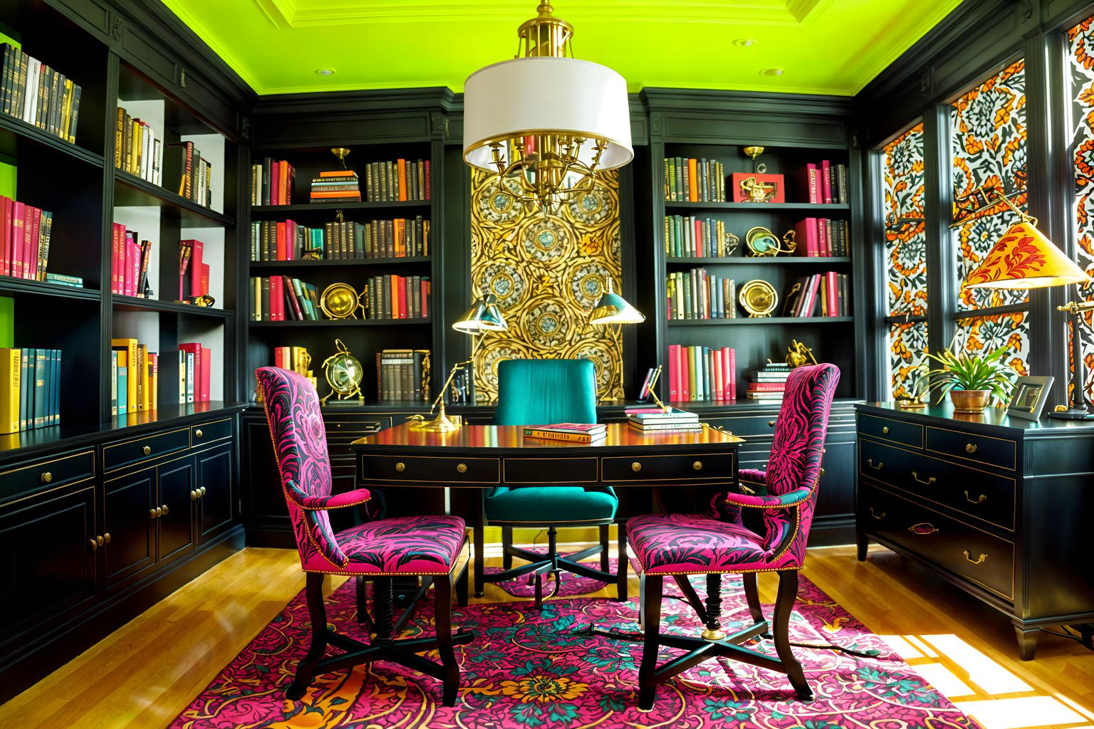 maximalist-style (study room interior) with desk lamp and bookshelves and lounge chair and cabinets and office chair and writing desk and plant and desk lamp. . with over-the-top aesthetic and playful and bold patterns and more is more philosophy and bold design and bold colors and vibrant and eye-catching. . cinematic photo, highly detailed, cinematic lighting, ultra-detailed, ultrarealistic, photorealism, 8k. maximalist interior design style. masterpiece, cinematic light, ultrarealistic+, photorealistic+, 8k, raw photo, realistic, sharp focus on eyes, (symmetrical eyes), (intact eyes), hyperrealistic, highest quality, best quality, , highly detailed, masterpiece, best quality, extremely detailed 8k wallpaper, masterpiece, best quality, ultra-detailed, best shadow, detailed background, detailed face, detailed eyes, high contrast, best illumination, detailed face, dulux, caustic, dynamic angle, detailed glow. dramatic lighting. highly detailed, insanely detailed hair, symmetrical, intricate details, professionally retouched, 8k high definition. strong bokeh. award winning photo.