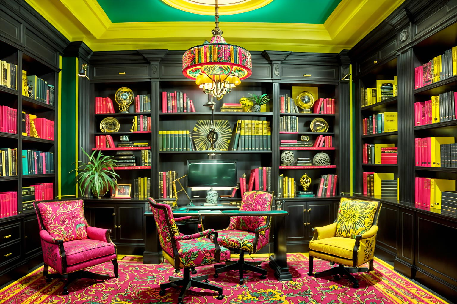 maximalist-style (study room interior) with desk lamp and bookshelves and lounge chair and cabinets and office chair and writing desk and plant and desk lamp. . with over-the-top aesthetic and playful and bold patterns and more is more philosophy and bold design and bold colors and vibrant and eye-catching. . cinematic photo, highly detailed, cinematic lighting, ultra-detailed, ultrarealistic, photorealism, 8k. maximalist interior design style. masterpiece, cinematic light, ultrarealistic+, photorealistic+, 8k, raw photo, realistic, sharp focus on eyes, (symmetrical eyes), (intact eyes), hyperrealistic, highest quality, best quality, , highly detailed, masterpiece, best quality, extremely detailed 8k wallpaper, masterpiece, best quality, ultra-detailed, best shadow, detailed background, detailed face, detailed eyes, high contrast, best illumination, detailed face, dulux, caustic, dynamic angle, detailed glow. dramatic lighting. highly detailed, insanely detailed hair, symmetrical, intricate details, professionally retouched, 8k high definition. strong bokeh. award winning photo.
