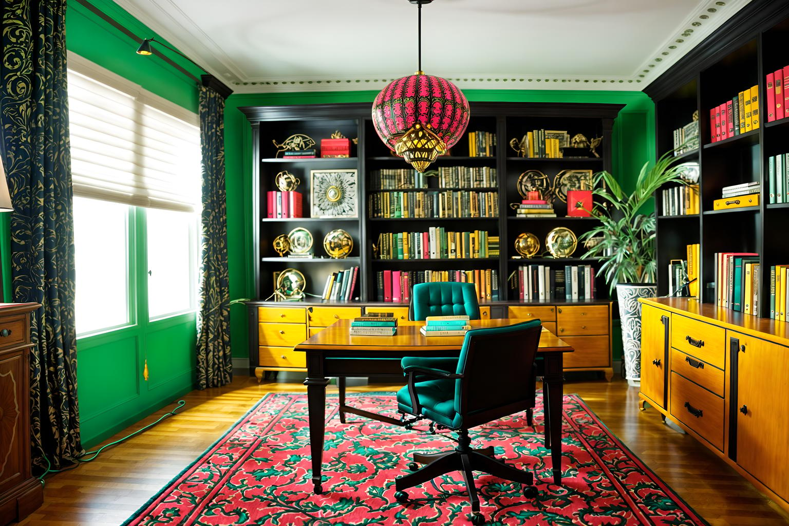 maximalist-style (study room interior) with desk lamp and bookshelves and lounge chair and cabinets and office chair and writing desk and plant and desk lamp. . with over-the-top aesthetic and playful and bold patterns and more is more philosophy and bold design and bold colors and vibrant and eye-catching. . cinematic photo, highly detailed, cinematic lighting, ultra-detailed, ultrarealistic, photorealism, 8k. maximalist interior design style. masterpiece, cinematic light, ultrarealistic+, photorealistic+, 8k, raw photo, realistic, sharp focus on eyes, (symmetrical eyes), (intact eyes), hyperrealistic, highest quality, best quality, , highly detailed, masterpiece, best quality, extremely detailed 8k wallpaper, masterpiece, best quality, ultra-detailed, best shadow, detailed background, detailed face, detailed eyes, high contrast, best illumination, detailed face, dulux, caustic, dynamic angle, detailed glow. dramatic lighting. highly detailed, insanely detailed hair, symmetrical, intricate details, professionally retouched, 8k high definition. strong bokeh. award winning photo.