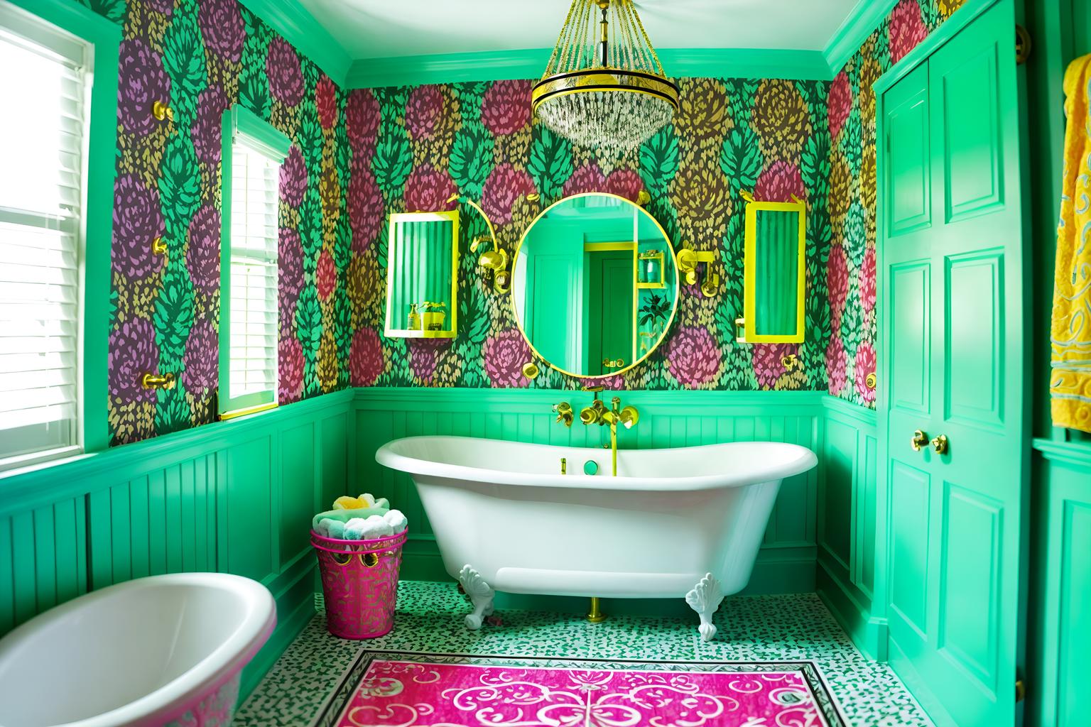 maximalist-style (bathroom interior) with shower and plant and waste basket and bathtub and bath rail and bath towel and bathroom cabinet and toilet seat. . with bold design and playful and bold creativity and bold colors and eye-catching and vibrant and over-the-top aesthetic and more is more philosophy. . cinematic photo, highly detailed, cinematic lighting, ultra-detailed, ultrarealistic, photorealism, 8k. maximalist interior design style. masterpiece, cinematic light, ultrarealistic+, photorealistic+, 8k, raw photo, realistic, sharp focus on eyes, (symmetrical eyes), (intact eyes), hyperrealistic, highest quality, best quality, , highly detailed, masterpiece, best quality, extremely detailed 8k wallpaper, masterpiece, best quality, ultra-detailed, best shadow, detailed background, detailed face, detailed eyes, high contrast, best illumination, detailed face, dulux, caustic, dynamic angle, detailed glow. dramatic lighting. highly detailed, insanely detailed hair, symmetrical, intricate details, professionally retouched, 8k high definition. strong bokeh. award winning photo.