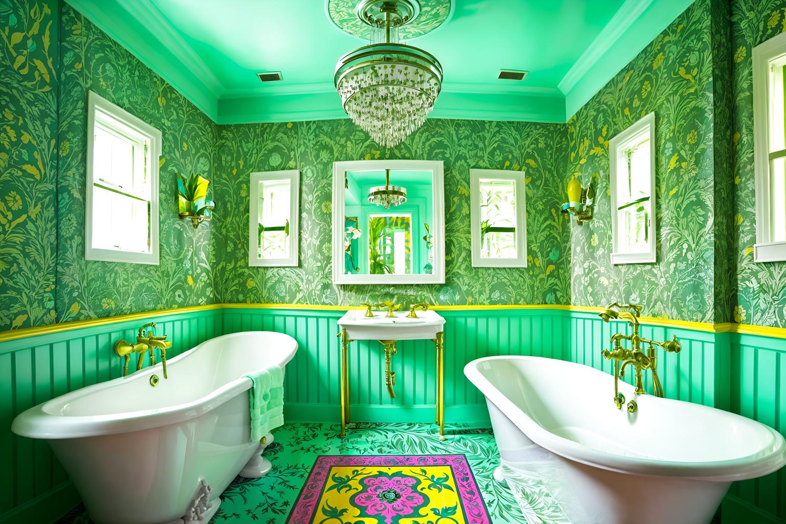 maximalist-style (bathroom interior) with shower and plant and waste basket and bathtub and bath rail and bath towel and bathroom cabinet and toilet seat. . with bold design and playful and bold creativity and bold colors and eye-catching and vibrant and over-the-top aesthetic and more is more philosophy. . cinematic photo, highly detailed, cinematic lighting, ultra-detailed, ultrarealistic, photorealism, 8k. maximalist interior design style. masterpiece, cinematic light, ultrarealistic+, photorealistic+, 8k, raw photo, realistic, sharp focus on eyes, (symmetrical eyes), (intact eyes), hyperrealistic, highest quality, best quality, , highly detailed, masterpiece, best quality, extremely detailed 8k wallpaper, masterpiece, best quality, ultra-detailed, best shadow, detailed background, detailed face, detailed eyes, high contrast, best illumination, detailed face, dulux, caustic, dynamic angle, detailed glow. dramatic lighting. highly detailed, insanely detailed hair, symmetrical, intricate details, professionally retouched, 8k high definition. strong bokeh. award winning photo.