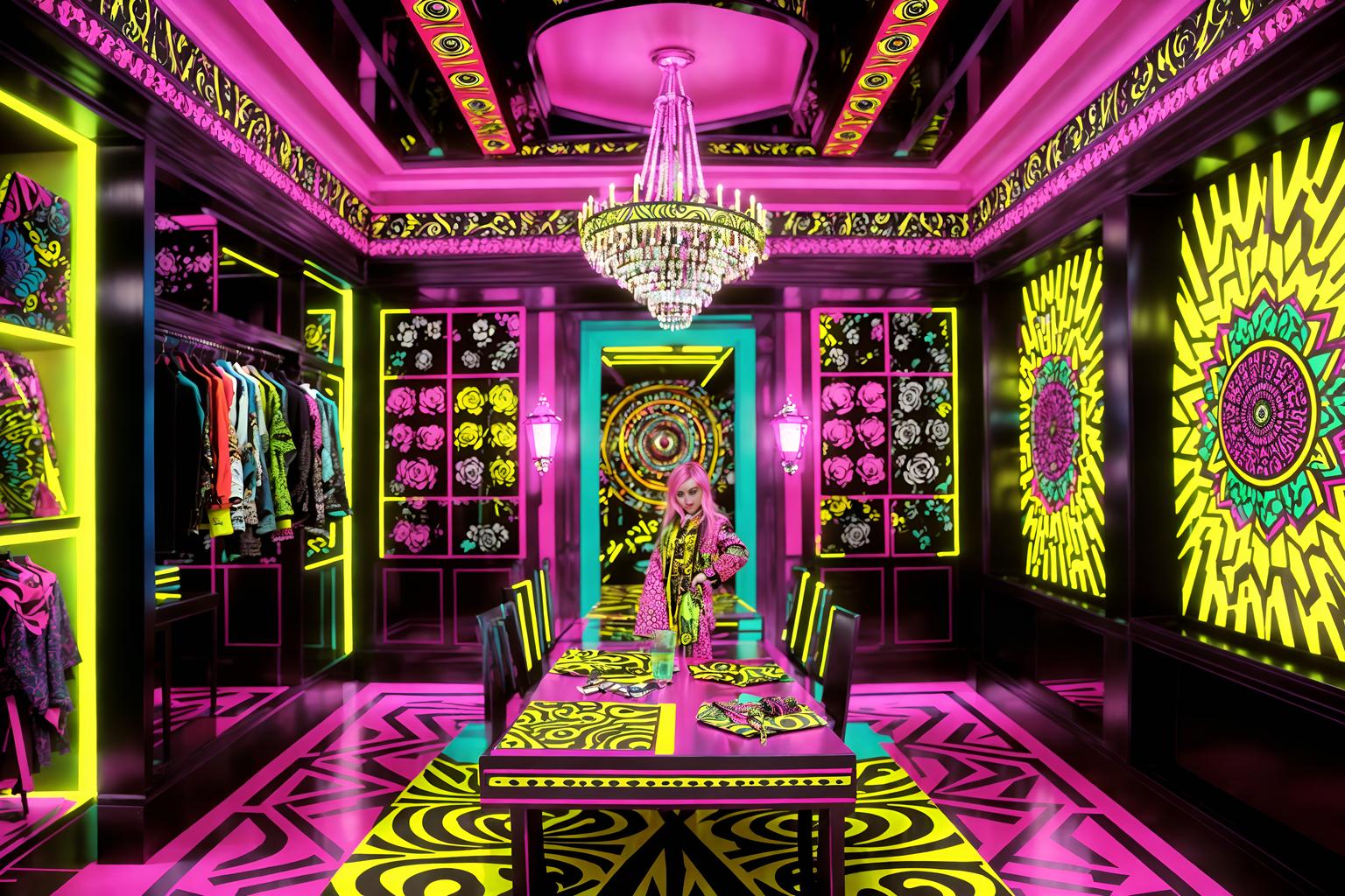 maximalist-style (clothing store interior) . with bold creativity and over-the-top aesthetic and bold patterns and vibrant and playful and eye-catching and bold colors and more is more philosophy. . cinematic photo, highly detailed, cinematic lighting, ultra-detailed, ultrarealistic, photorealism, 8k. maximalist interior design style. masterpiece, cinematic light, ultrarealistic+, photorealistic+, 8k, raw photo, realistic, sharp focus on eyes, (symmetrical eyes), (intact eyes), hyperrealistic, highest quality, best quality, , highly detailed, masterpiece, best quality, extremely detailed 8k wallpaper, masterpiece, best quality, ultra-detailed, best shadow, detailed background, detailed face, detailed eyes, high contrast, best illumination, detailed face, dulux, caustic, dynamic angle, detailed glow. dramatic lighting. highly detailed, insanely detailed hair, symmetrical, intricate details, professionally retouched, 8k high definition. strong bokeh. award winning photo.