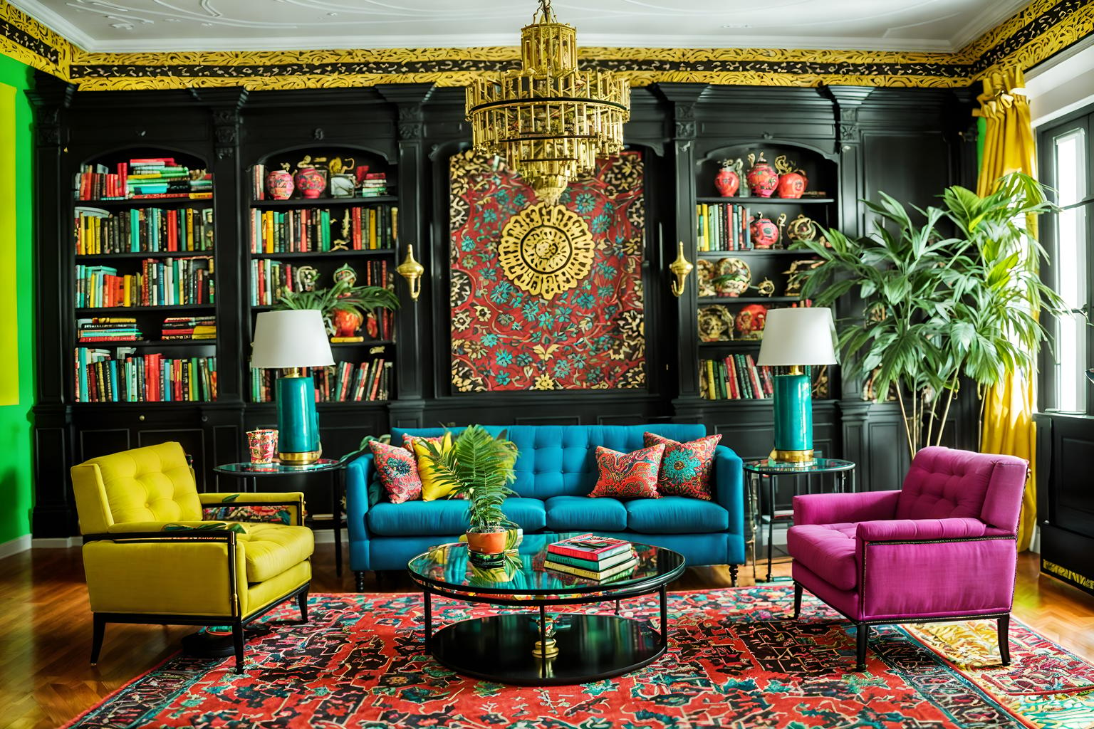 maximalist-style (living room interior) with occasional tables and plant and rug and chairs and coffee tables and furniture and bookshelves and electric lamps. . with over-the-top aesthetic and more is more philosophy and vibrant and bold creativity and playful and bold patterns and bold colors and bold design. . cinematic photo, highly detailed, cinematic lighting, ultra-detailed, ultrarealistic, photorealism, 8k. maximalist interior design style. masterpiece, cinematic light, ultrarealistic+, photorealistic+, 8k, raw photo, realistic, sharp focus on eyes, (symmetrical eyes), (intact eyes), hyperrealistic, highest quality, best quality, , highly detailed, masterpiece, best quality, extremely detailed 8k wallpaper, masterpiece, best quality, ultra-detailed, best shadow, detailed background, detailed face, detailed eyes, high contrast, best illumination, detailed face, dulux, caustic, dynamic angle, detailed glow. dramatic lighting. highly detailed, insanely detailed hair, symmetrical, intricate details, professionally retouched, 8k high definition. strong bokeh. award winning photo.