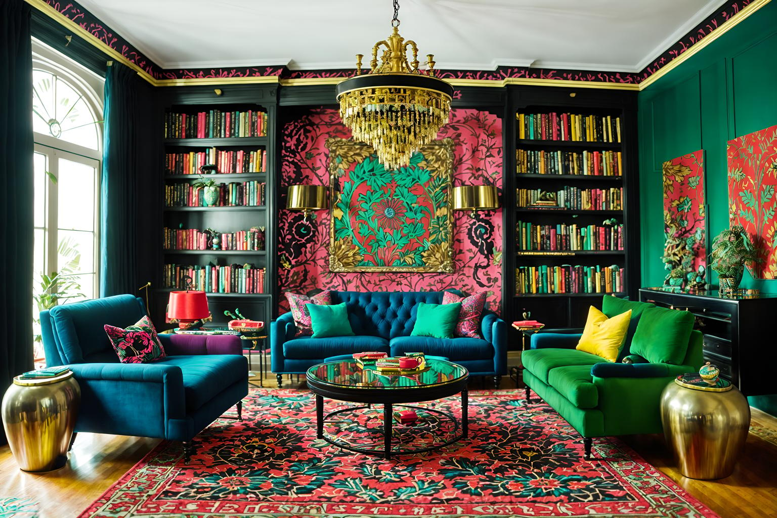 maximalist-style (living room interior) with occasional tables and plant and rug and chairs and coffee tables and furniture and bookshelves and electric lamps. . with over-the-top aesthetic and more is more philosophy and vibrant and bold creativity and playful and bold patterns and bold colors and bold design. . cinematic photo, highly detailed, cinematic lighting, ultra-detailed, ultrarealistic, photorealism, 8k. maximalist interior design style. masterpiece, cinematic light, ultrarealistic+, photorealistic+, 8k, raw photo, realistic, sharp focus on eyes, (symmetrical eyes), (intact eyes), hyperrealistic, highest quality, best quality, , highly detailed, masterpiece, best quality, extremely detailed 8k wallpaper, masterpiece, best quality, ultra-detailed, best shadow, detailed background, detailed face, detailed eyes, high contrast, best illumination, detailed face, dulux, caustic, dynamic angle, detailed glow. dramatic lighting. highly detailed, insanely detailed hair, symmetrical, intricate details, professionally retouched, 8k high definition. strong bokeh. award winning photo.