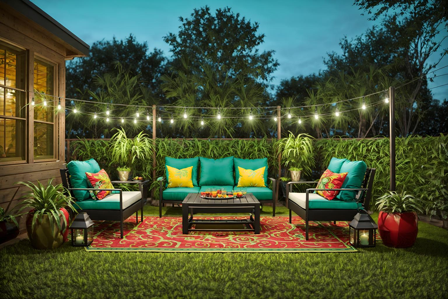 maximalist-style designed (outdoor patio ) with grass and plant and deck with deck chairs and patio couch with pillows and barbeque or grill and grass. . with eye-catching and playful and more is more philosophy and bold design and over-the-top aesthetic and bold creativity and vibrant and bold colors. . cinematic photo, highly detailed, cinematic lighting, ultra-detailed, ultrarealistic, photorealism, 8k. maximalist design style. masterpiece, cinematic light, ultrarealistic+, photorealistic+, 8k, raw photo, realistic, sharp focus on eyes, (symmetrical eyes), (intact eyes), hyperrealistic, highest quality, best quality, , highly detailed, masterpiece, best quality, extremely detailed 8k wallpaper, masterpiece, best quality, ultra-detailed, best shadow, detailed background, detailed face, detailed eyes, high contrast, best illumination, detailed face, dulux, caustic, dynamic angle, detailed glow. dramatic lighting. highly detailed, insanely detailed hair, symmetrical, intricate details, professionally retouched, 8k high definition. strong bokeh. award winning photo.