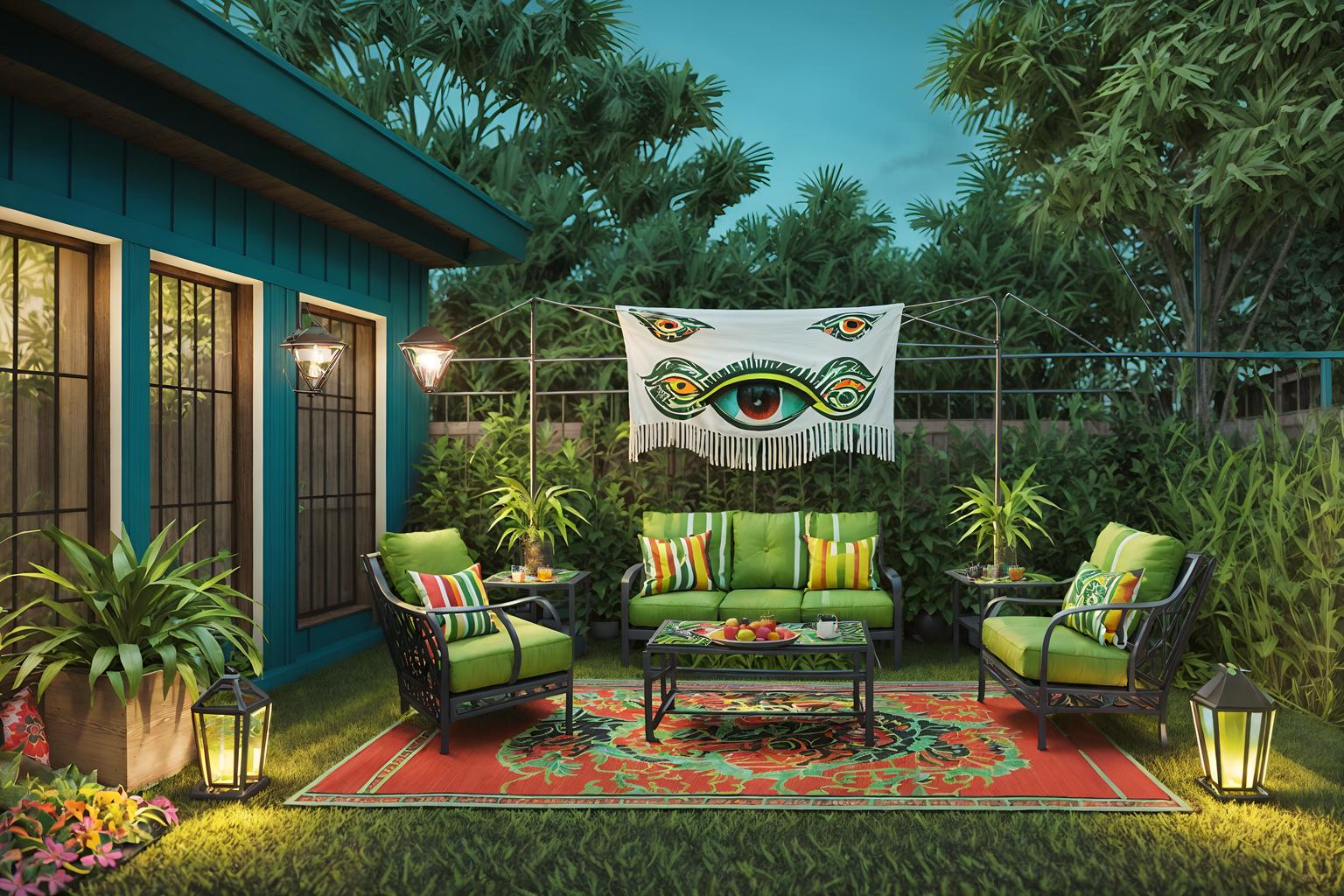 maximalist-style designed (outdoor patio ) with grass and plant and deck with deck chairs and patio couch with pillows and barbeque or grill and grass. . with eye-catching and playful and more is more philosophy and bold design and over-the-top aesthetic and bold creativity and vibrant and bold colors. . cinematic photo, highly detailed, cinematic lighting, ultra-detailed, ultrarealistic, photorealism, 8k. maximalist design style. masterpiece, cinematic light, ultrarealistic+, photorealistic+, 8k, raw photo, realistic, sharp focus on eyes, (symmetrical eyes), (intact eyes), hyperrealistic, highest quality, best quality, , highly detailed, masterpiece, best quality, extremely detailed 8k wallpaper, masterpiece, best quality, ultra-detailed, best shadow, detailed background, detailed face, detailed eyes, high contrast, best illumination, detailed face, dulux, caustic, dynamic angle, detailed glow. dramatic lighting. highly detailed, insanely detailed hair, symmetrical, intricate details, professionally retouched, 8k high definition. strong bokeh. award winning photo.