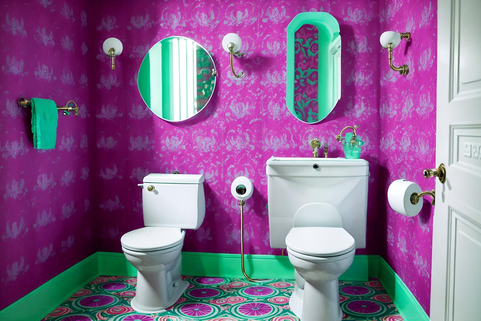 maximalist-style (toilet interior) with sink with tap and toilet with toilet seat up and toilet paper hanger and sink with tap. . with bold creativity and eye-catching and more is more philosophy and vibrant and bold design and bold colors and over-the-top aesthetic and playful. . cinematic photo, highly detailed, cinematic lighting, ultra-detailed, ultrarealistic, photorealism, 8k. maximalist interior design style. masterpiece, cinematic light, ultrarealistic+, photorealistic+, 8k, raw photo, realistic, sharp focus on eyes, (symmetrical eyes), (intact eyes), hyperrealistic, highest quality, best quality, , highly detailed, masterpiece, best quality, extremely detailed 8k wallpaper, masterpiece, best quality, ultra-detailed, best shadow, detailed background, detailed face, detailed eyes, high contrast, best illumination, detailed face, dulux, caustic, dynamic angle, detailed glow. dramatic lighting. highly detailed, insanely detailed hair, symmetrical, intricate details, professionally retouched, 8k high definition. strong bokeh. award winning photo.