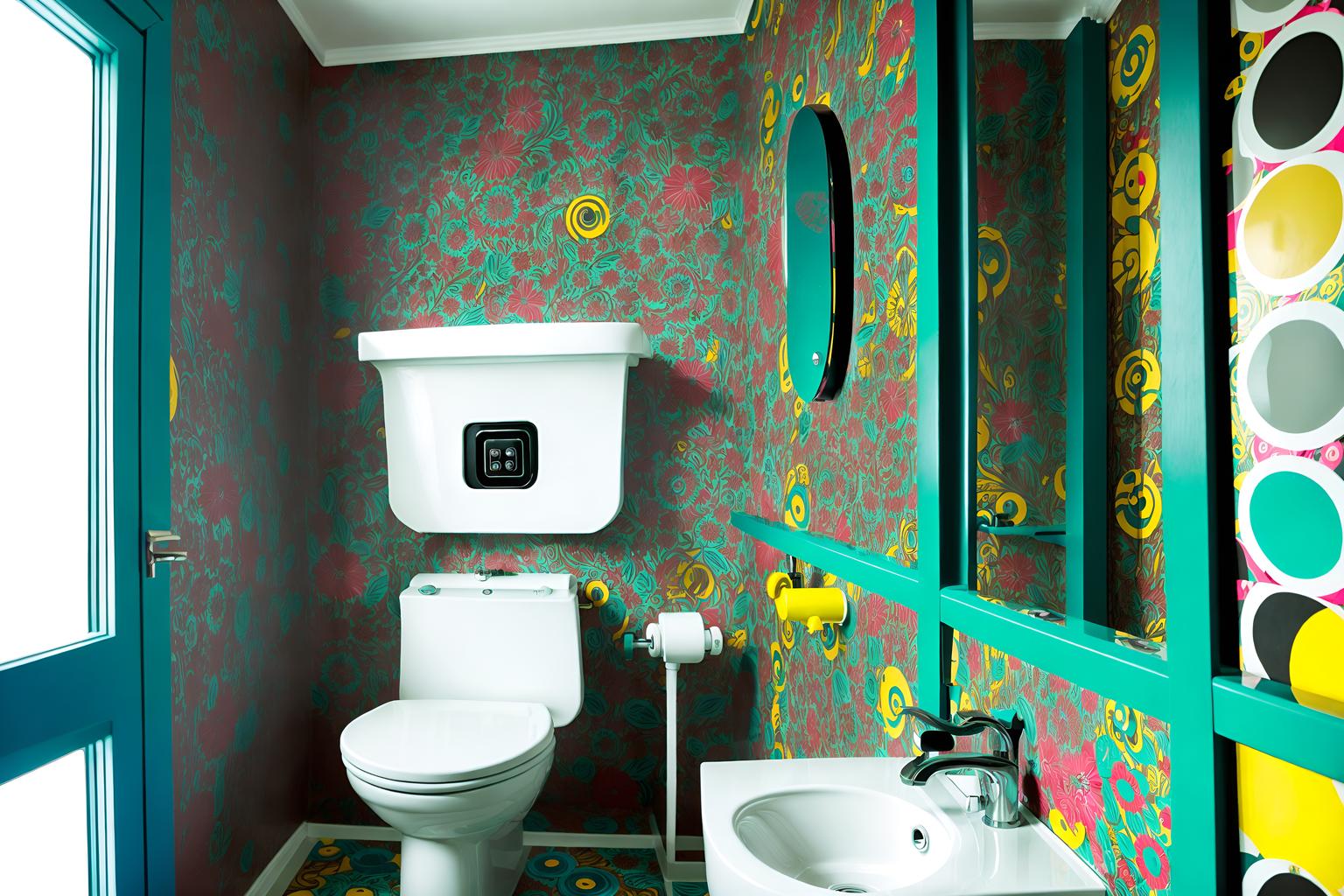 maximalist-style (toilet interior) with sink with tap and toilet with toilet seat up and toilet paper hanger and sink with tap. . with bold creativity and eye-catching and more is more philosophy and vibrant and bold design and bold colors and over-the-top aesthetic and playful. . cinematic photo, highly detailed, cinematic lighting, ultra-detailed, ultrarealistic, photorealism, 8k. maximalist interior design style. masterpiece, cinematic light, ultrarealistic+, photorealistic+, 8k, raw photo, realistic, sharp focus on eyes, (symmetrical eyes), (intact eyes), hyperrealistic, highest quality, best quality, , highly detailed, masterpiece, best quality, extremely detailed 8k wallpaper, masterpiece, best quality, ultra-detailed, best shadow, detailed background, detailed face, detailed eyes, high contrast, best illumination, detailed face, dulux, caustic, dynamic angle, detailed glow. dramatic lighting. highly detailed, insanely detailed hair, symmetrical, intricate details, professionally retouched, 8k high definition. strong bokeh. award winning photo.